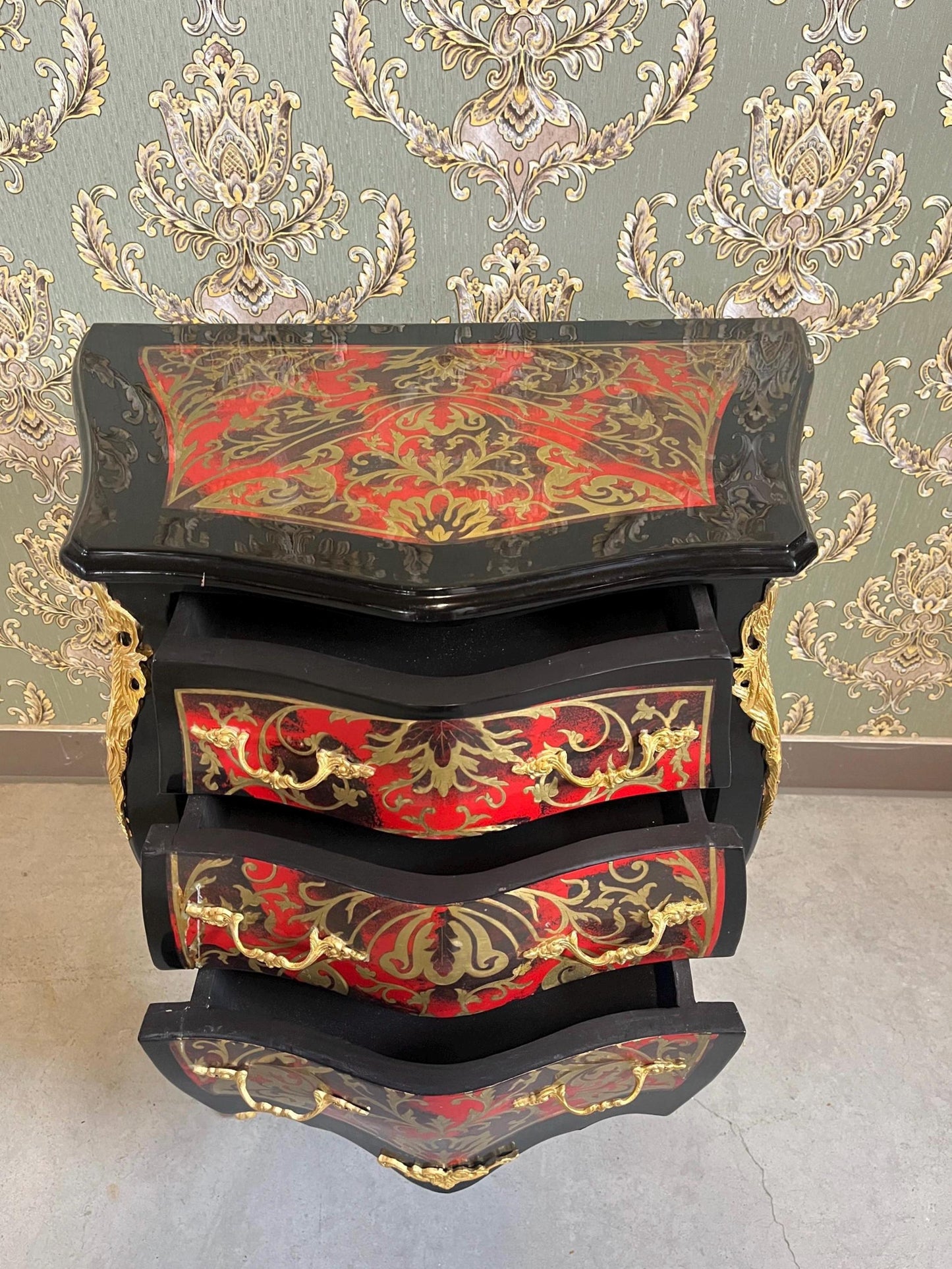 Chest of Drawers in Black Antique Baroque Style Handmade Night Stands Colorful Painting Front Side Table With Bronze Handles for Home Decor