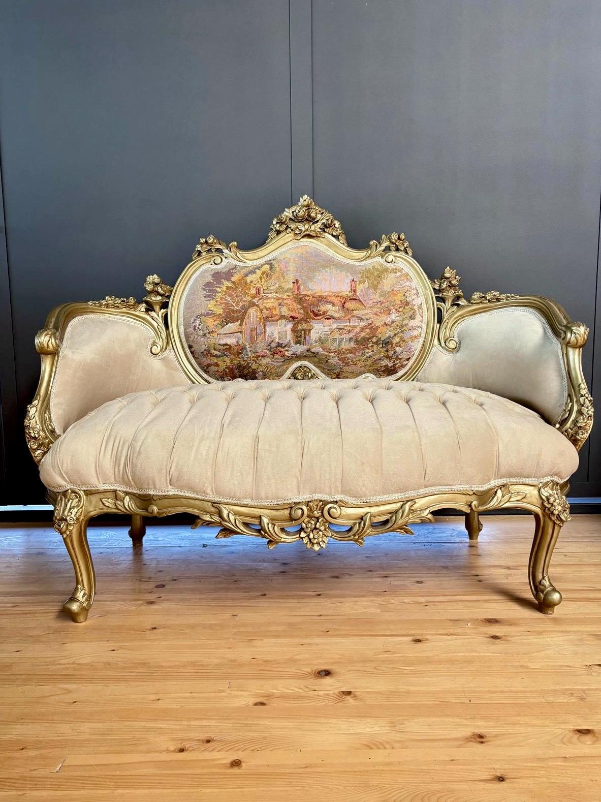 Love Seat French Louis Style Tufted Velvet Seated Sofa Royal Baroque Style Settee Beige Color Antique Handmade Style 2-Seater for Home Decor