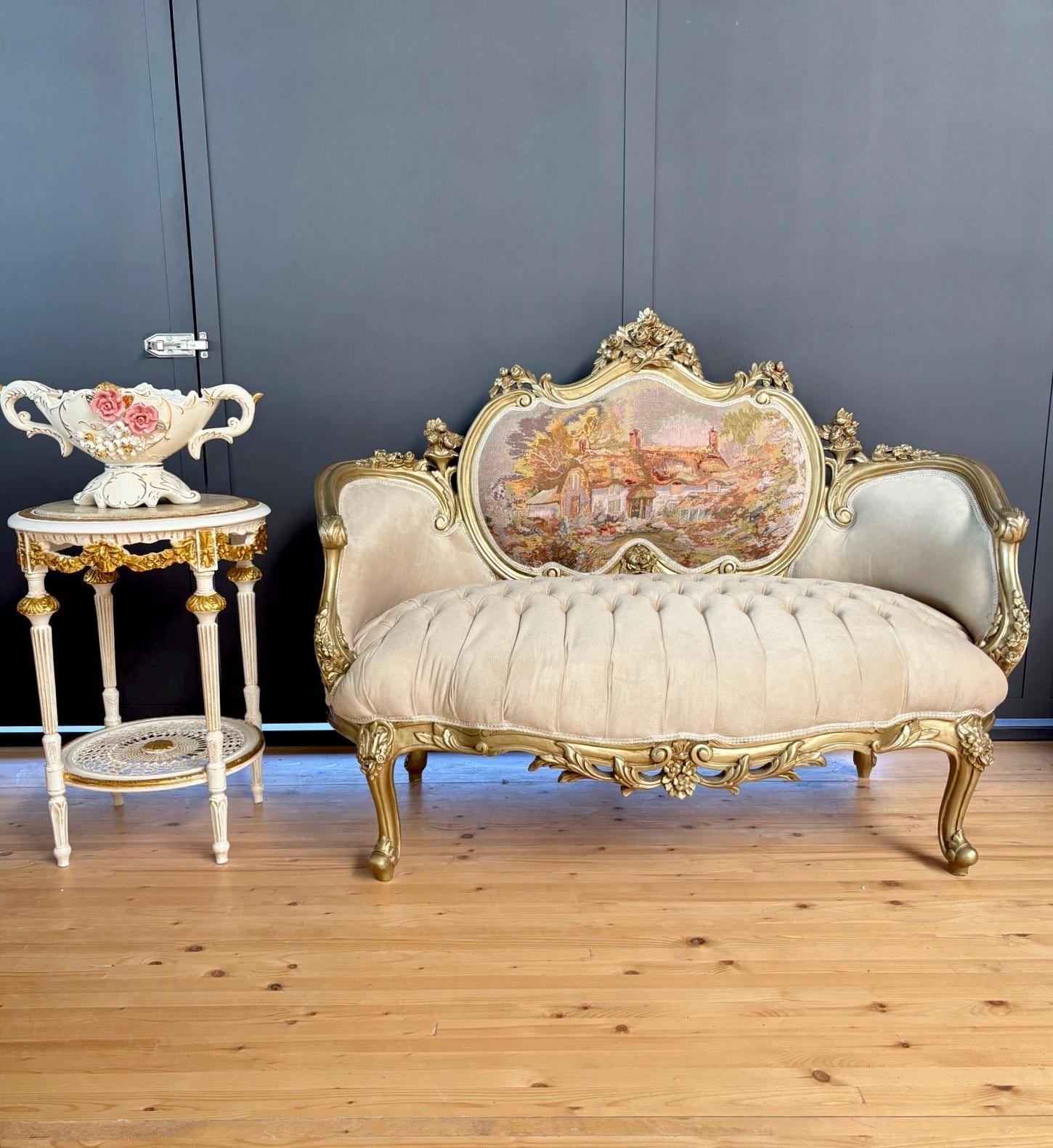 Love Seat French Louis Style Tufted Velvet Seated Sofa Royal Baroque Style Settee Beige Color Antique Handmade Style 2-Seater for Home Decor