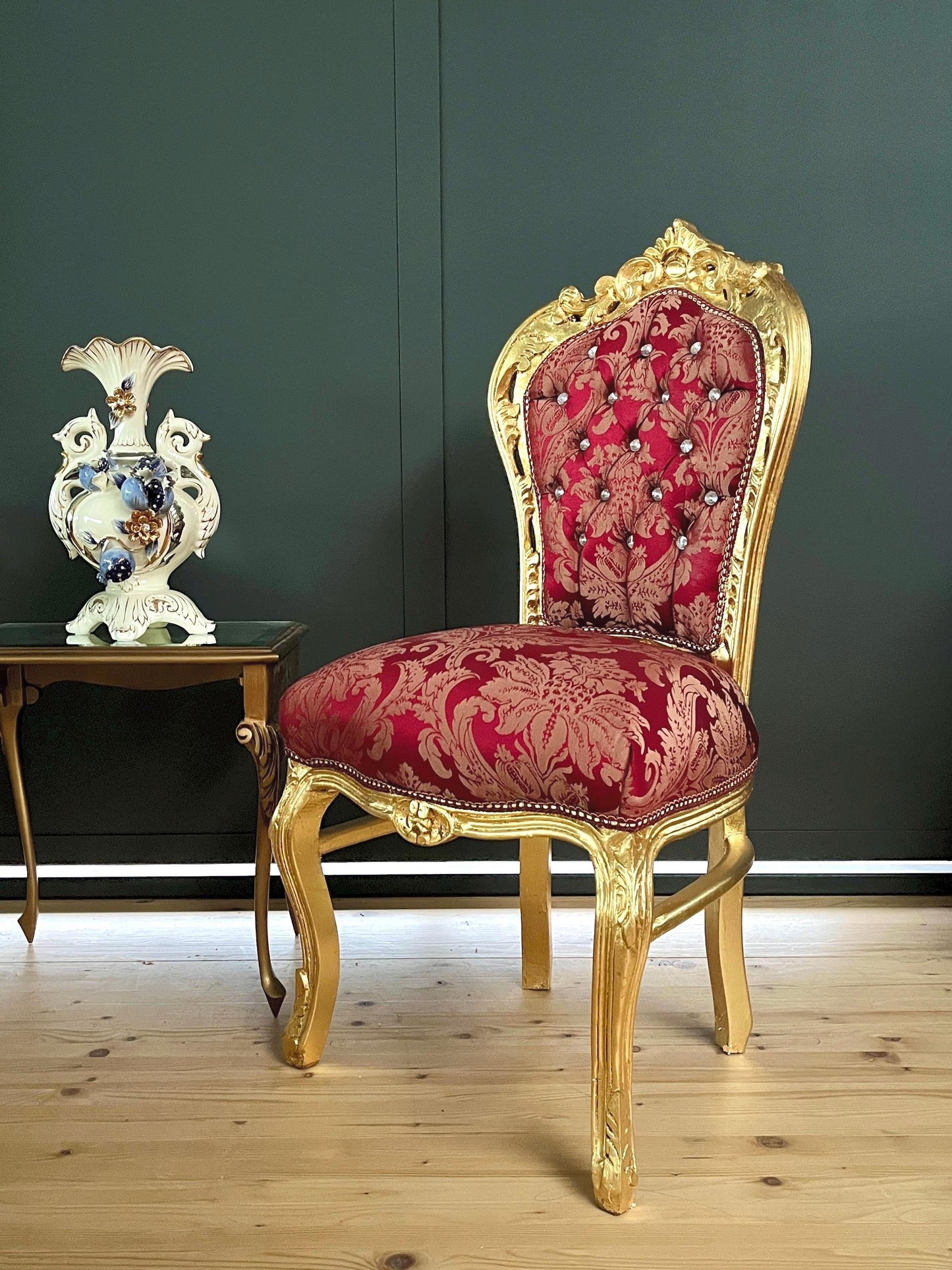 Accent Chair Baroque Rococo Style Dining Chair French Louis XV Style in Xmas Red Color Gold Finish for Holiday Decor