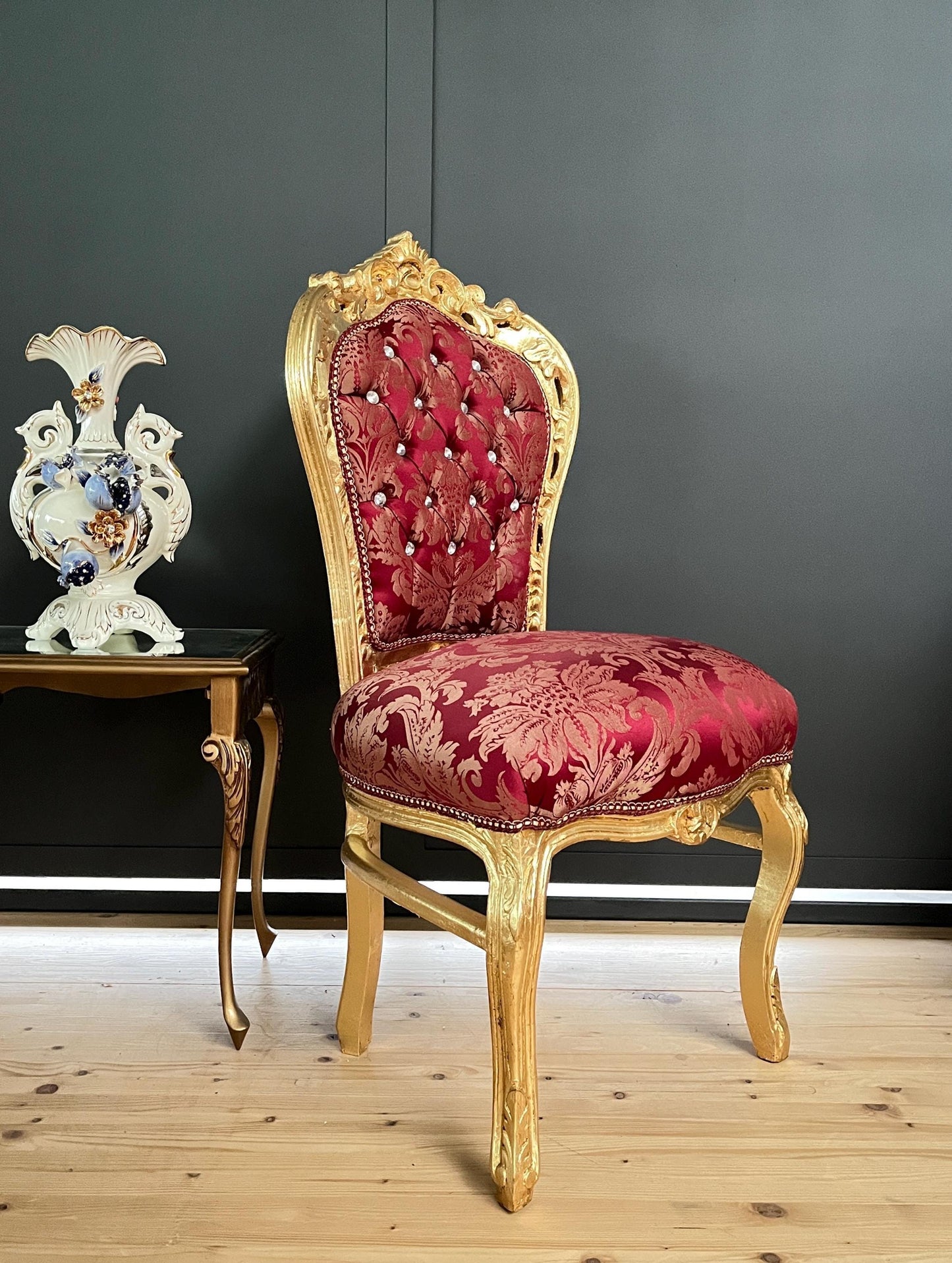 Accent Chair Baroque Rococo Style Dining Chair French Louis XV Style in Xmas Red Color Gold Finish for Holiday Decor