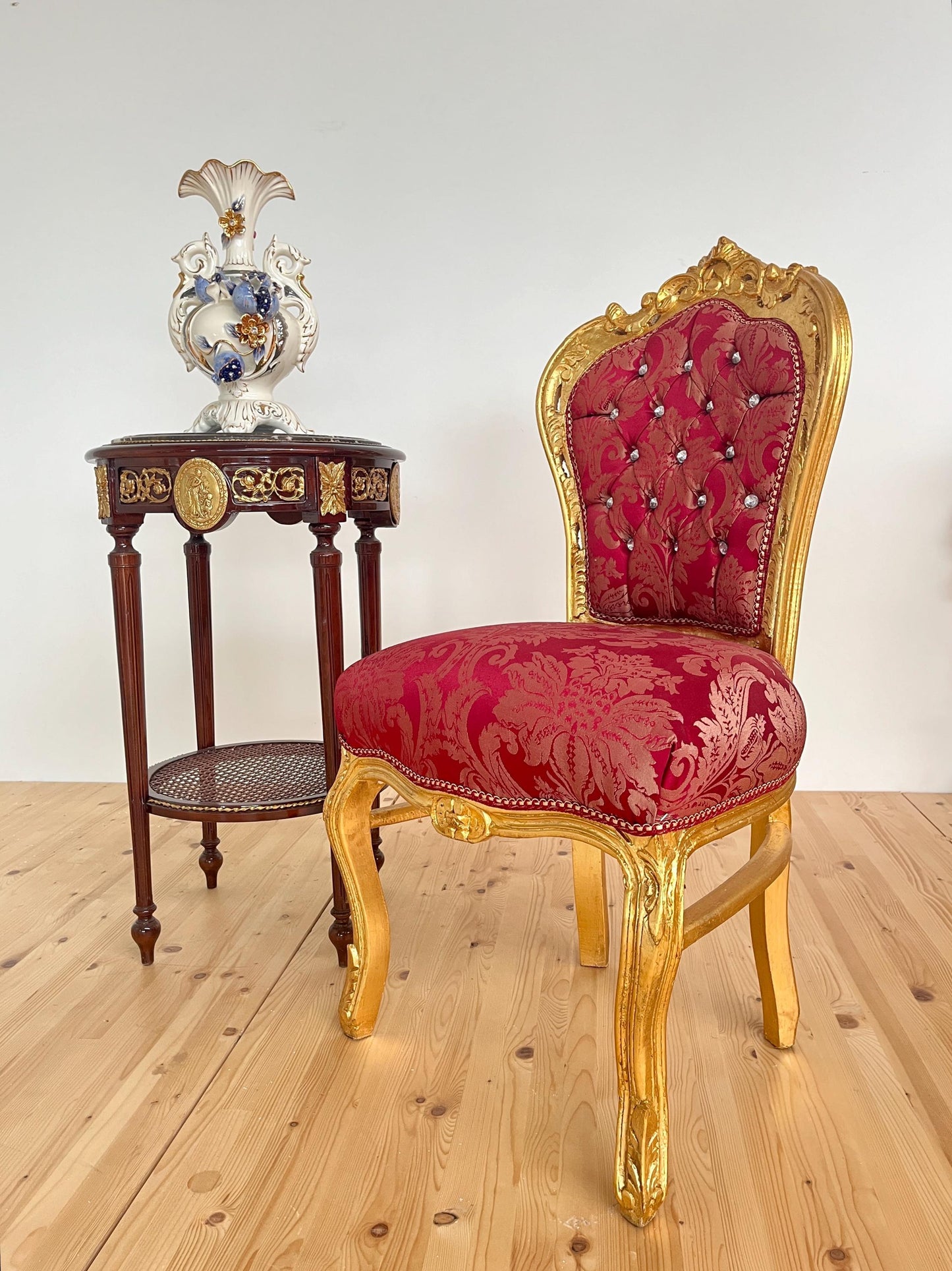 Accent Chair Baroque Rococo Style Dining Chair French Louis XV Style in Xmas Red Color Gold Finish for Holiday Decor