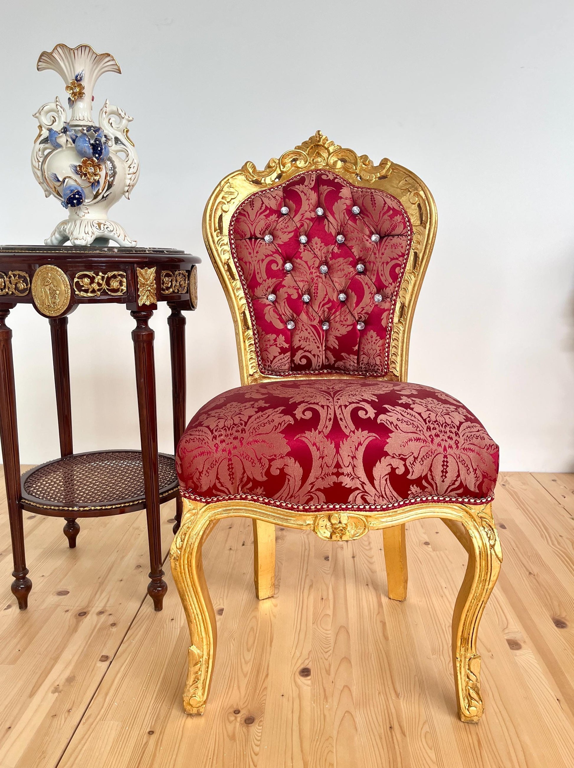 Accent Chair Baroque Rococo Style Dining Chair French Louis XV Style in Xmas Red Color Gold Finish for Holiday Decor