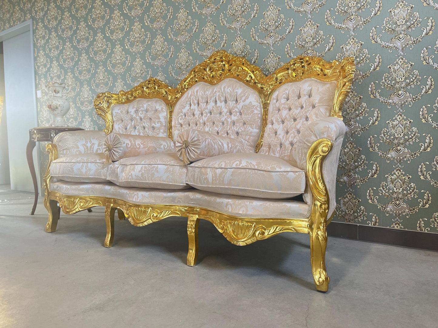 Sofa Set French Louis XV Style Tufted Velvet in Ivory Color in Gold Finish Marble Top Coffee Table Retro Baroque Style Sofa Set