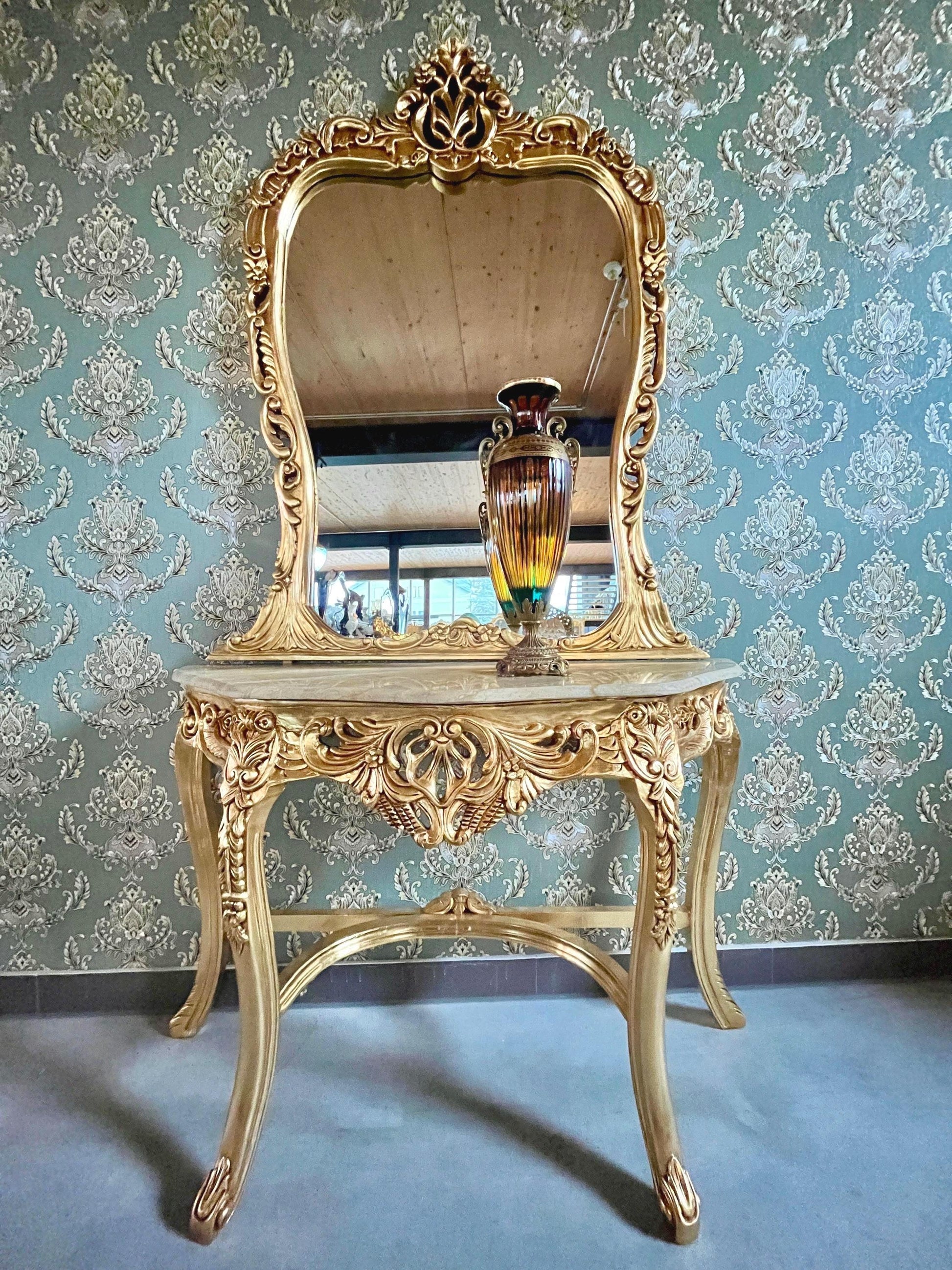 Table Console & Mirror Retro Baroque Style with Beige Marble Top Handcrafted Wooden Table in Gold Finish