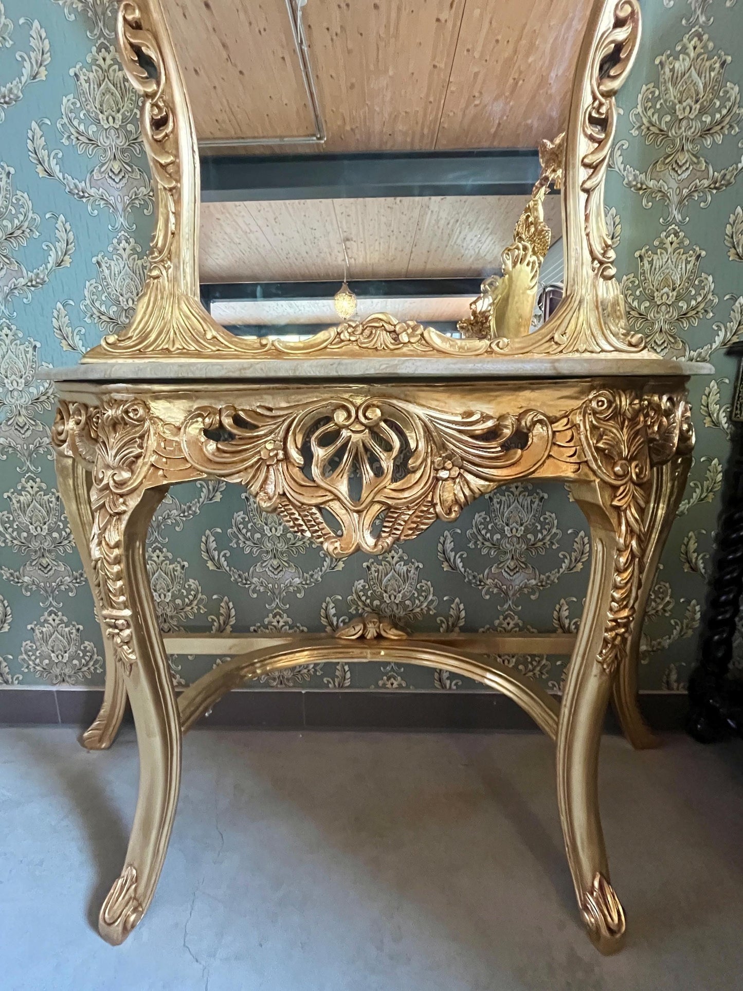 Table Console & Mirror Retro Baroque Style with Beige Marble Top Handcrafted Wooden Table in Gold Finish