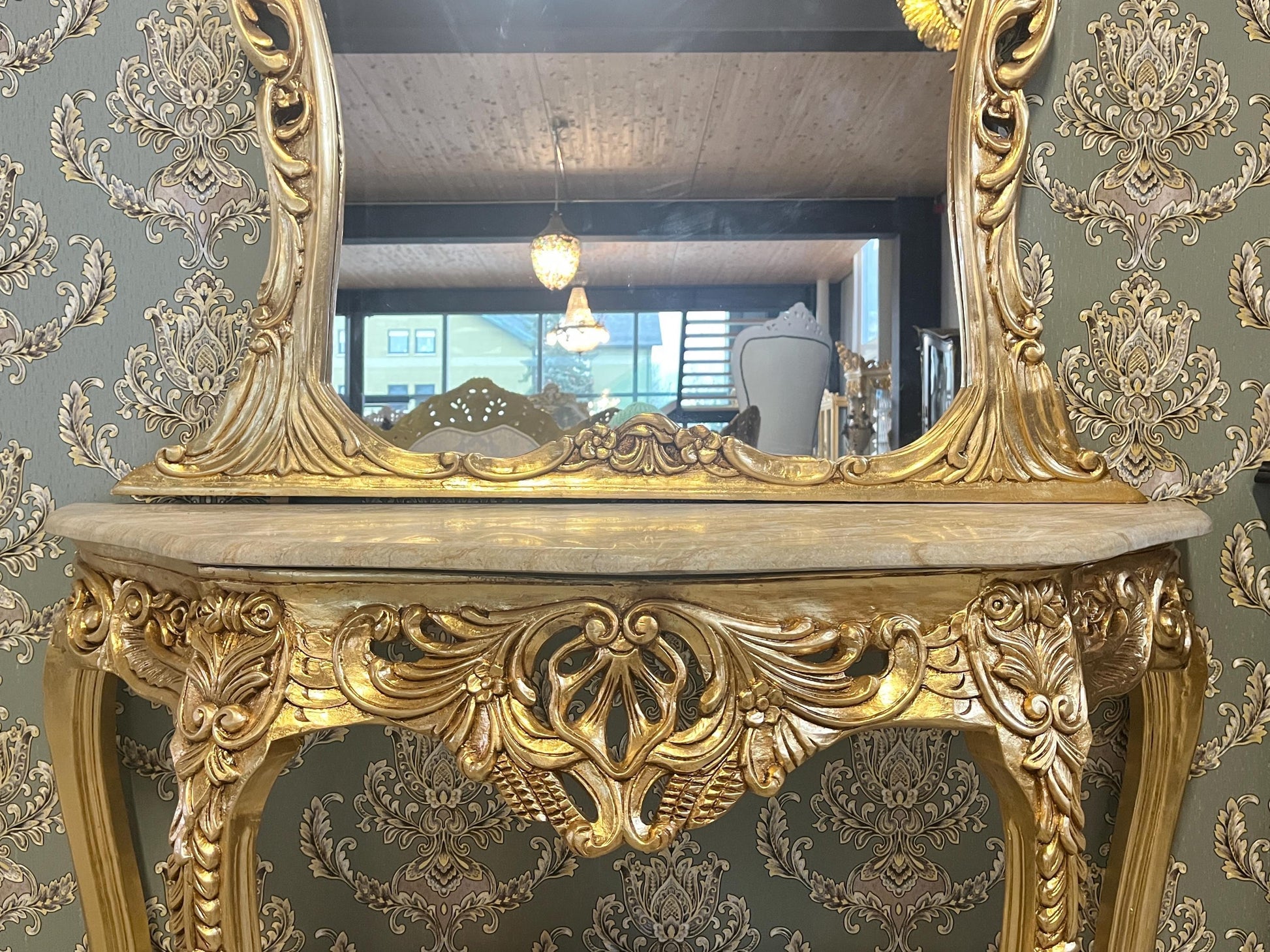 Table Console & Mirror Retro Baroque Style with Beige Marble Top Handcrafted Wooden Table in Gold Finish