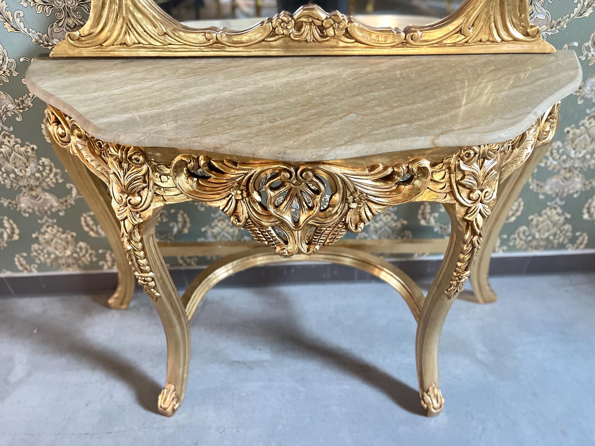 Table Console & Mirror Retro Baroque Style with Beige Marble Top Handcrafted Wooden Table in Gold Finish