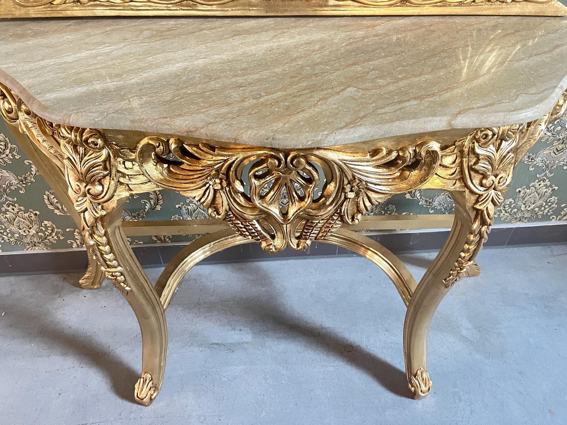 Table Console & Mirror Retro Baroque Style with Beige Marble Top Handcrafted Wooden Table in Gold Finish