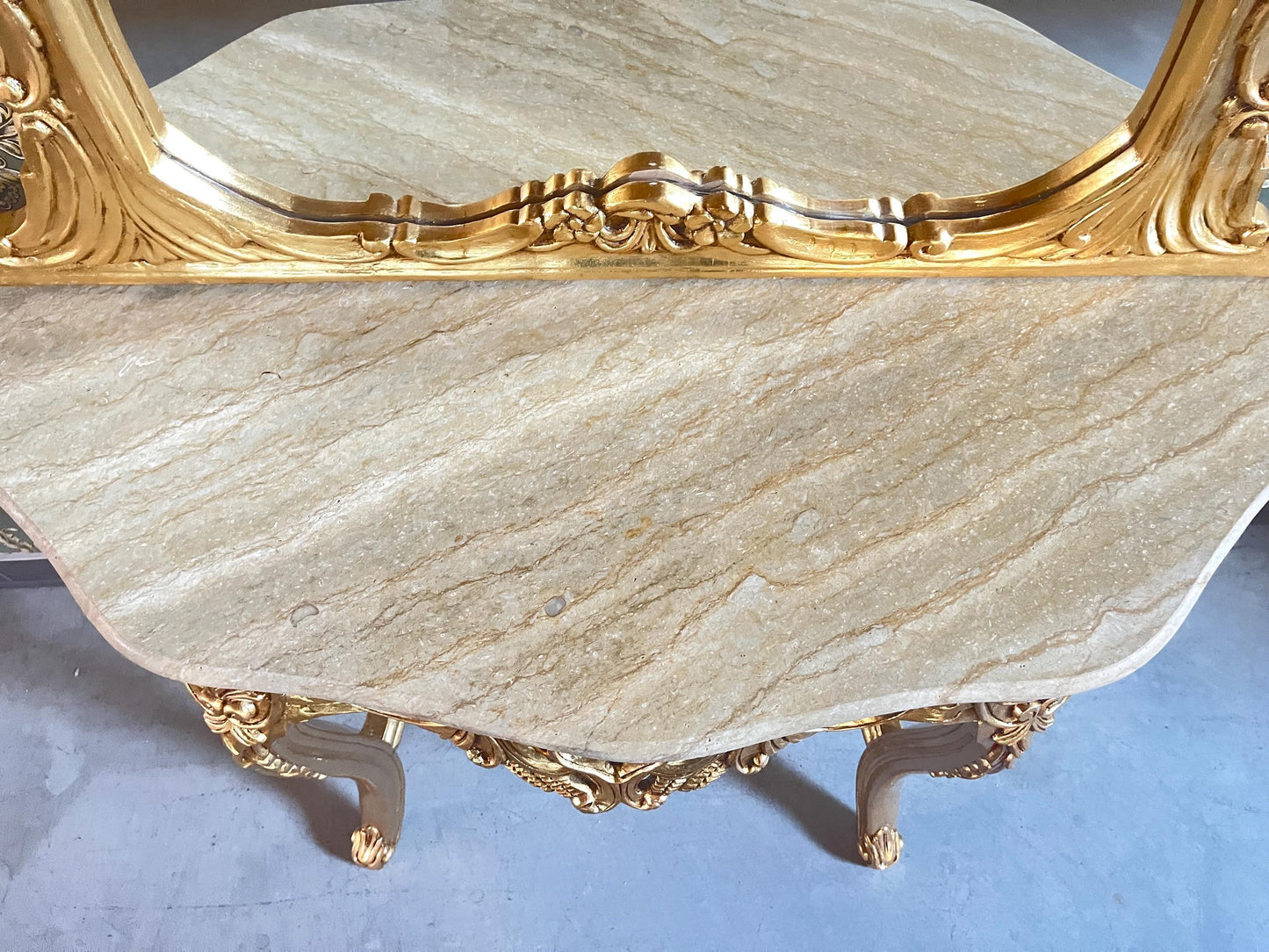 Table Console & Mirror Retro Baroque Style with Beige Marble Top Handcrafted Wooden Table in Gold Finish