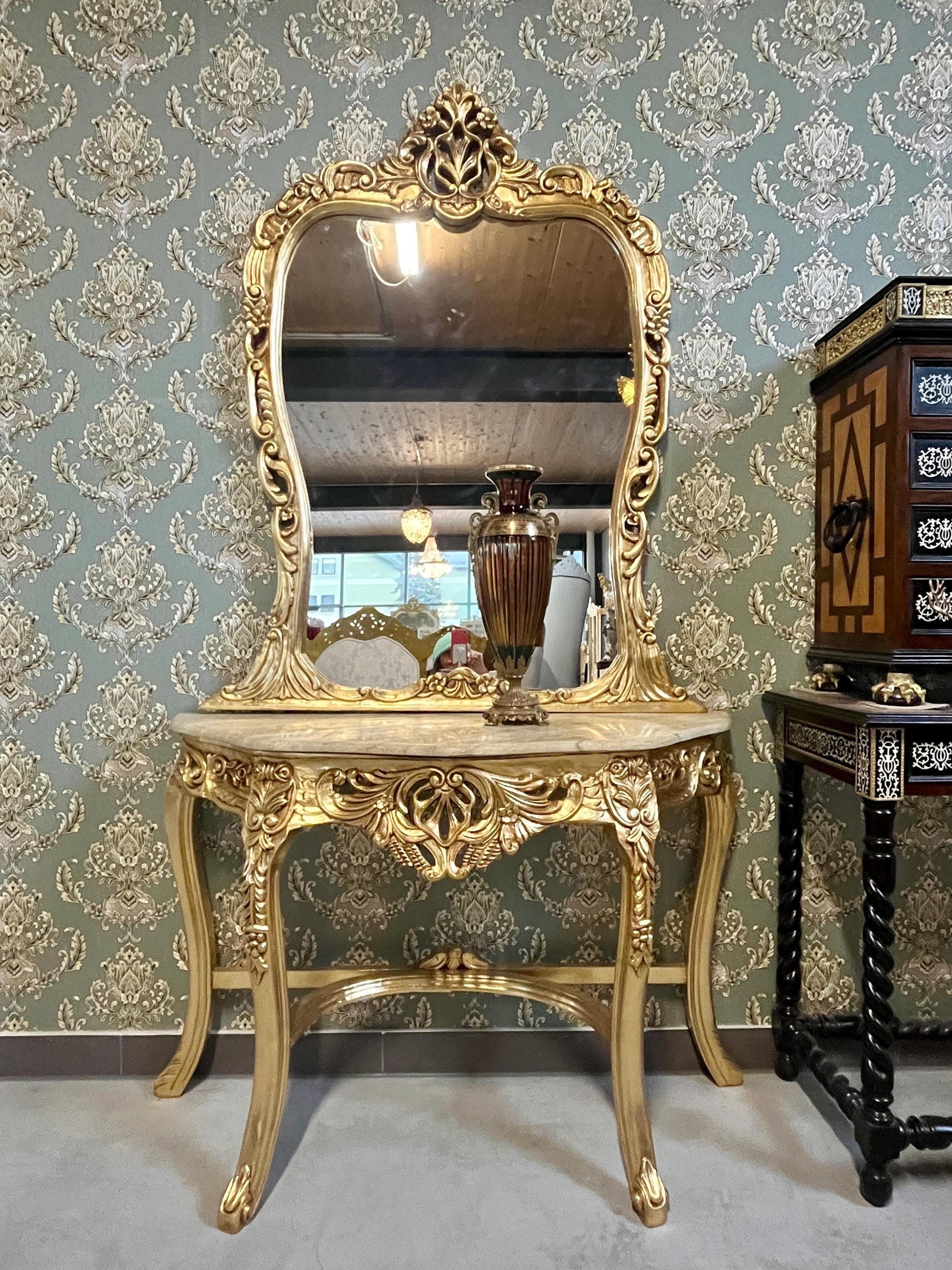 Table Console & Mirror Retro Baroque Style with Beige Marble Top Handcrafted Wooden Table in Gold Finish
