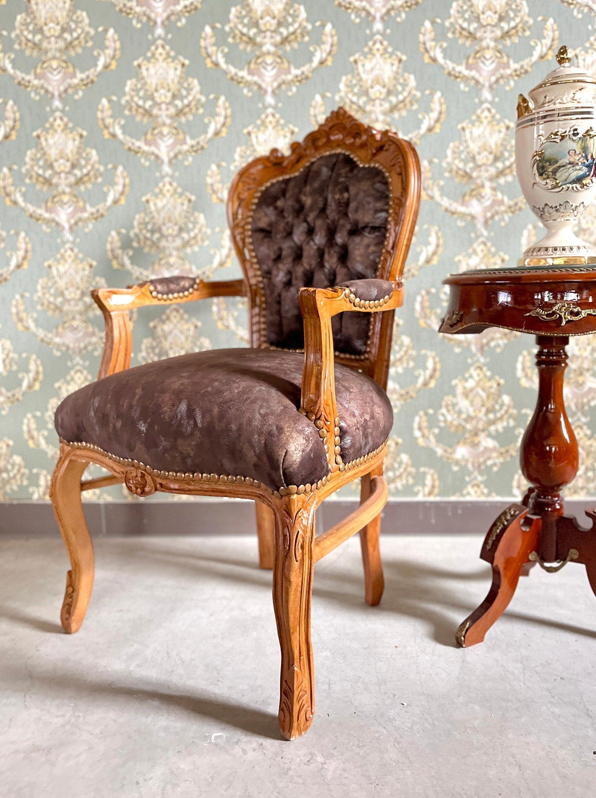 Armchair French Louis Style Velvet Forest Green Chair Baroque Rococo Antique Style Reproduction Armchair for Home Decor for Store Display