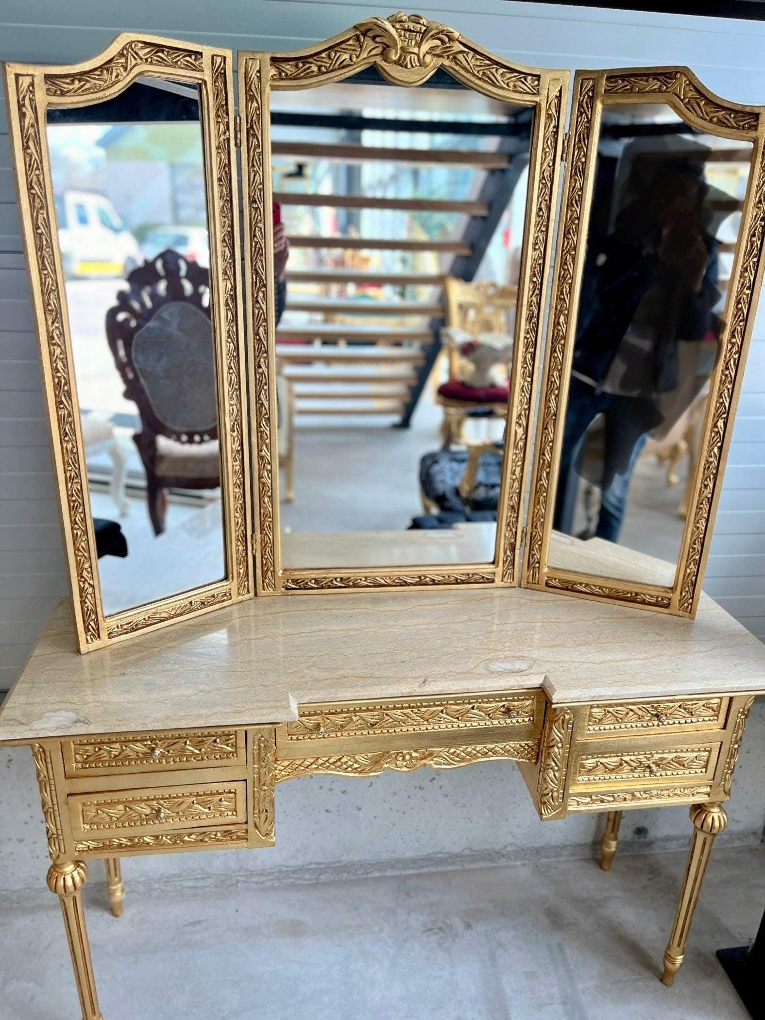 Mirror and Desk Set French Antique Style with Marble Slab Top Wooden Tableع Baroque Rococo Style in Gold Finish for Home Decor
