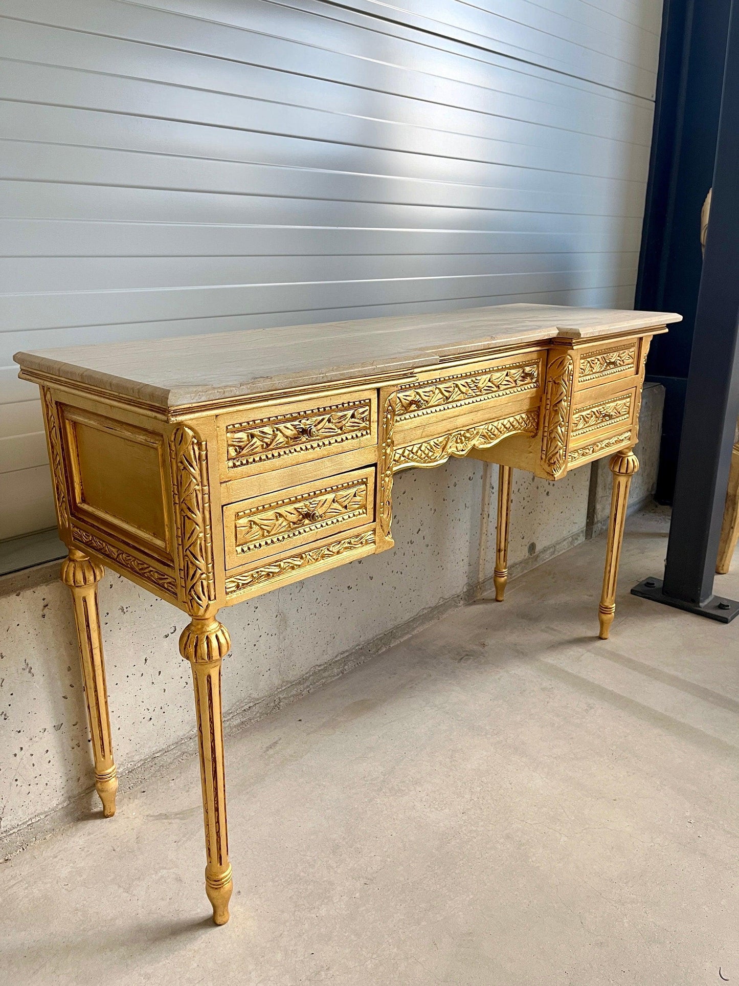 Mirror and Desk Set French Antique Style with Marble Slab Top Wooden Tableع Baroque Rococo Style in Gold Finish for Home Decor