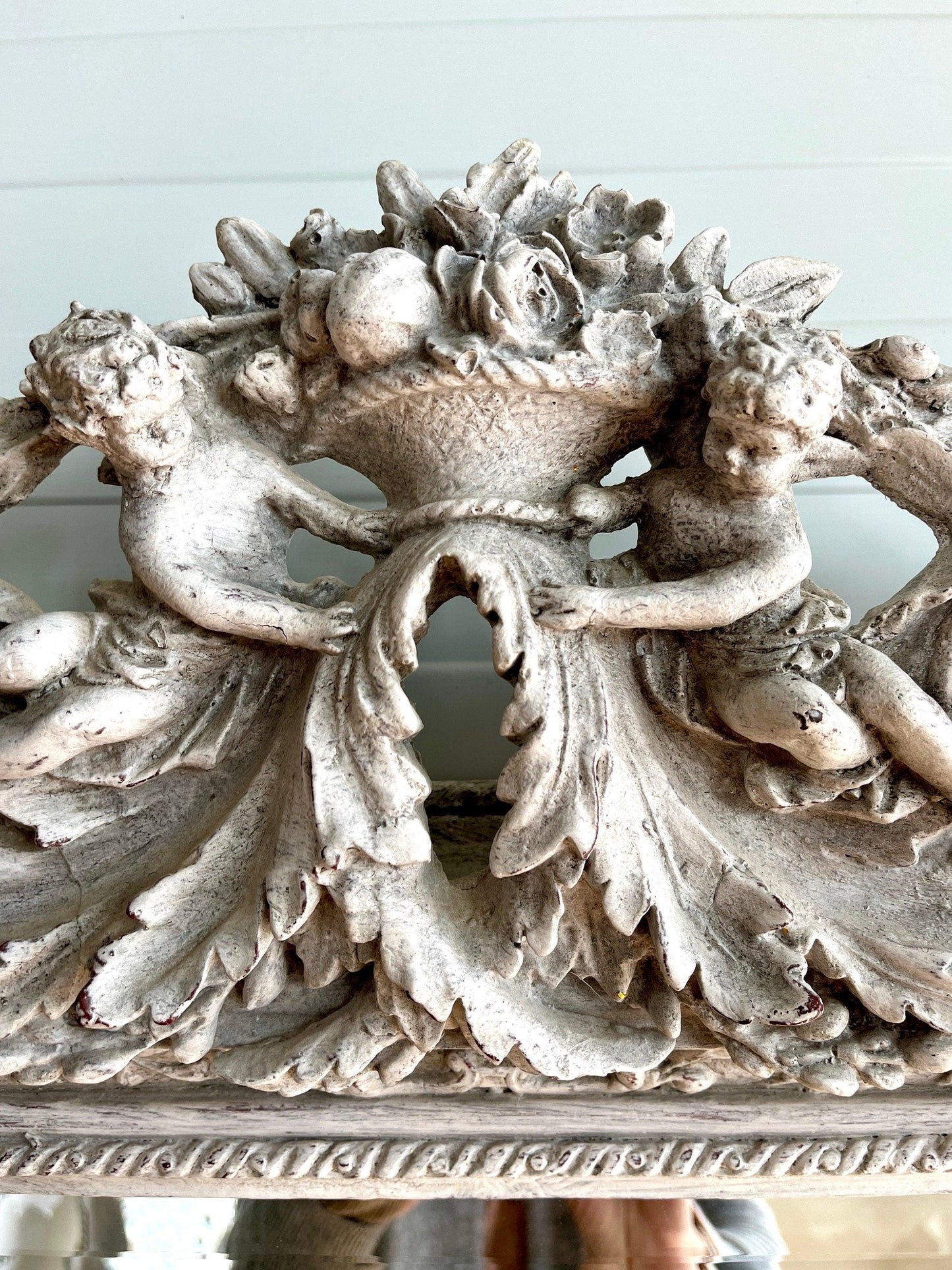 Floor Mirror French Baroque Style Mirror with Angel & Flowers Sculpture Decoration in Gold and Light Grey Frame for Home Decor