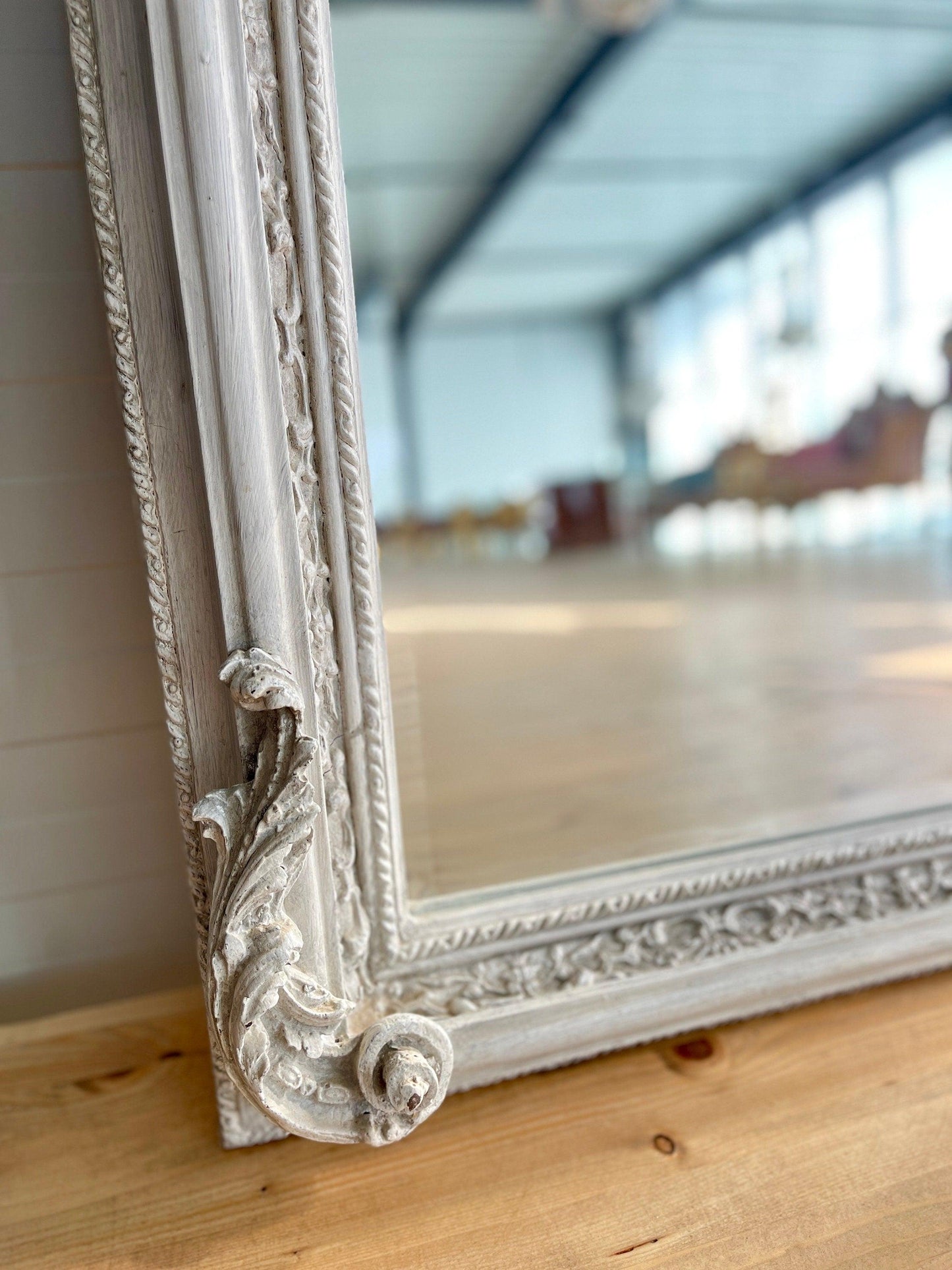 Floor Mirror French Baroque Style Mirror with Angel & Flowers Sculpture Decoration in Gold and Light Grey Frame for Home Decor