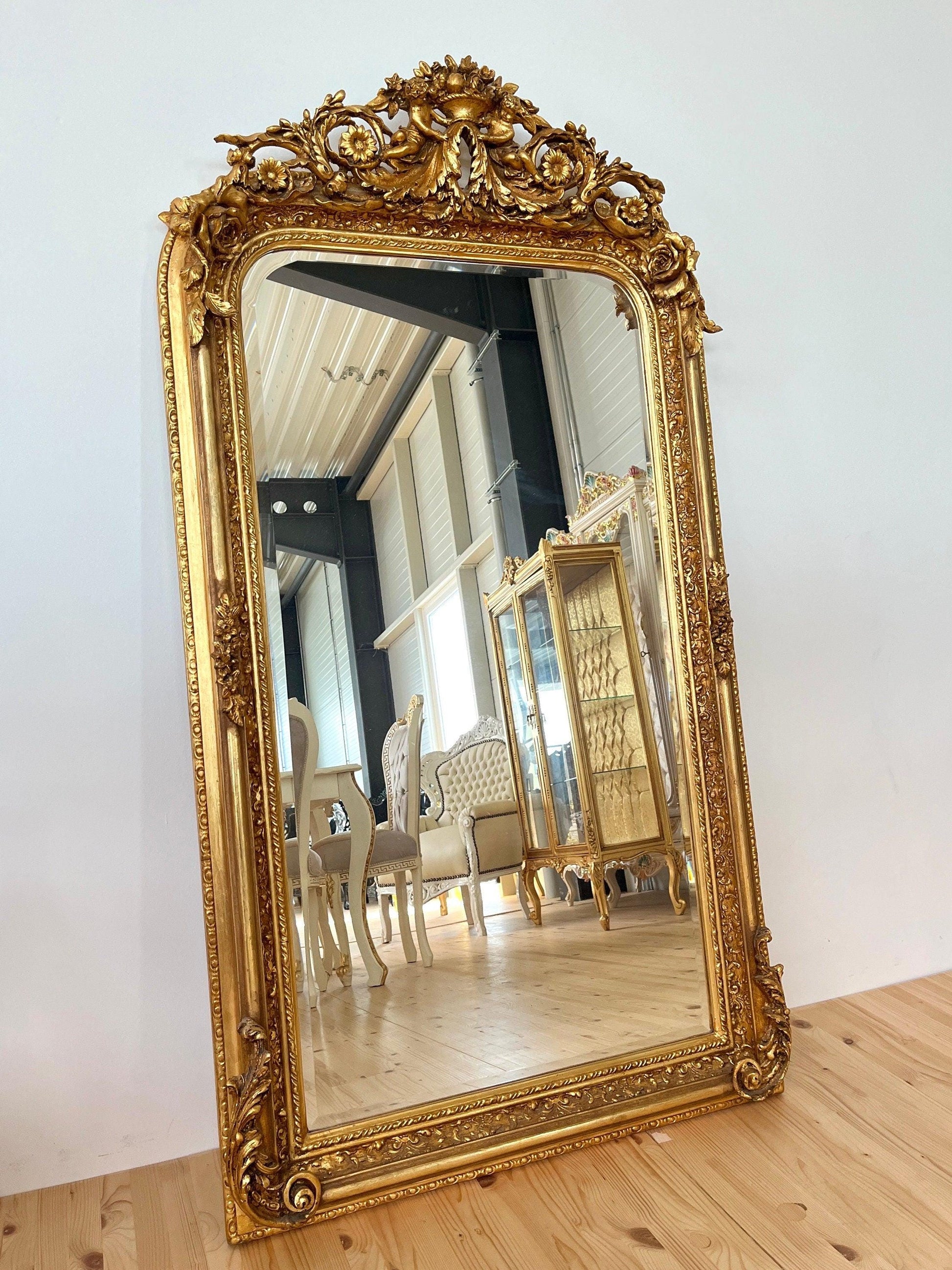 Floor Mirror French Baroque Style Mirror with Angel & Flowers Sculpture Decoration in Gold and Light Grey Frame for Home Decor