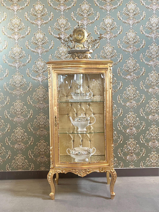 Display Cabinet French Louis Style in Gold Finish Glass Wooden Showcase Retro Baroque Style in Sliver Finish Home Decoration for Living Room