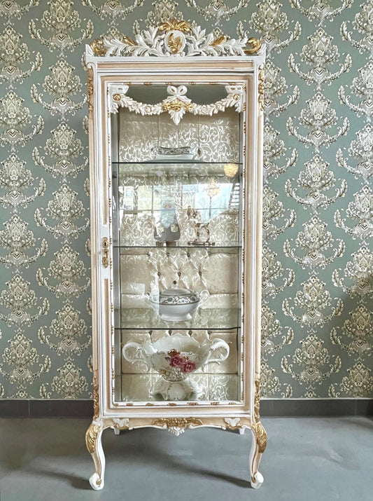 Display Cabinet French Louis XV Style Showcase Antique Baroque Rococo Style in Beige Gold Color Handmade Cabinet for Home Decor