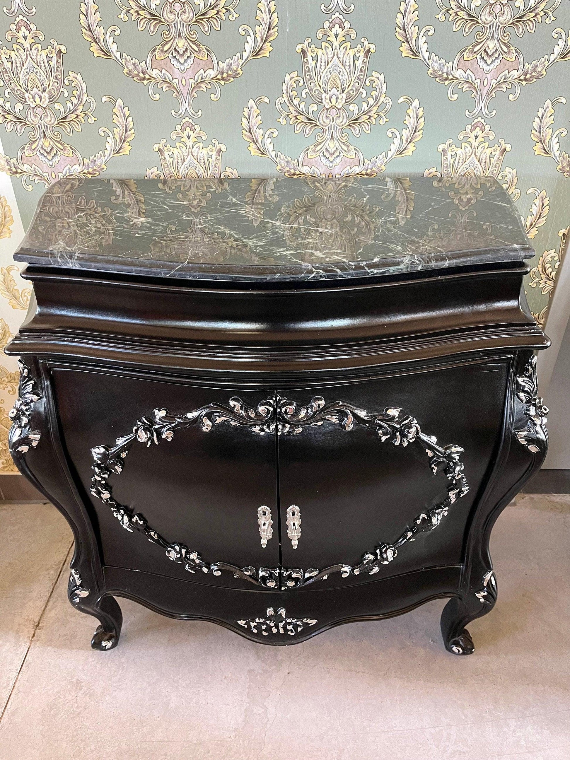 Cabinet Marble Top Home Decor Baroque Style Cabinet Marble Top French Style Cabinet in Black Color Small Cabinet Green Color Marble Top