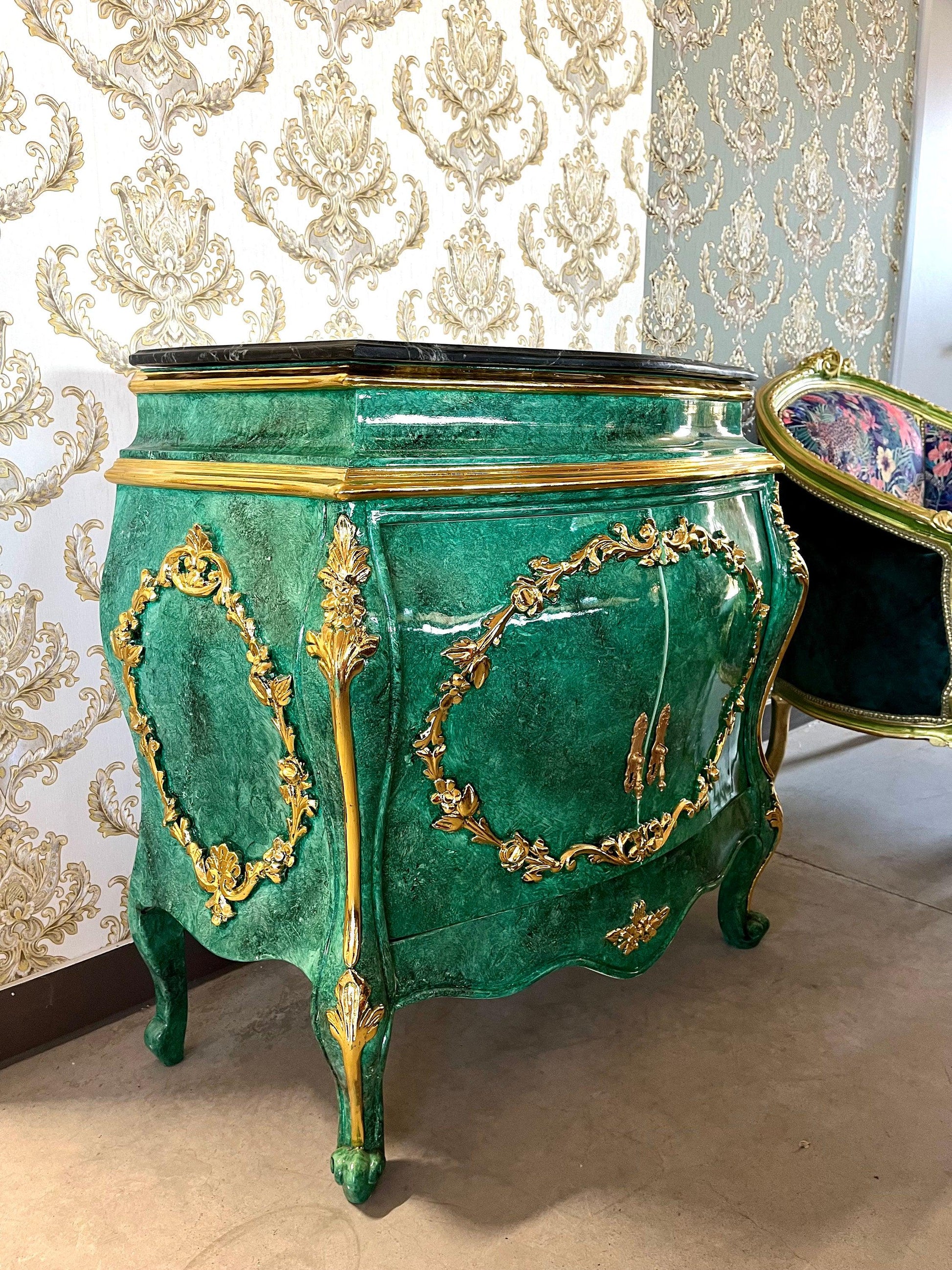 Cabinet Marble Top Home Decor Baroque Style Cabinet Marble Top French Style Cabinet in Black Color Small Cabinet Green Color Marble Top