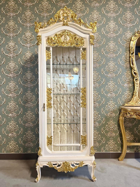 Display Cabinet Retro Baroque Style Showcase in Wooden White Color Gold Leaf Decorated Glass Cabinet in Dining Room Furniture