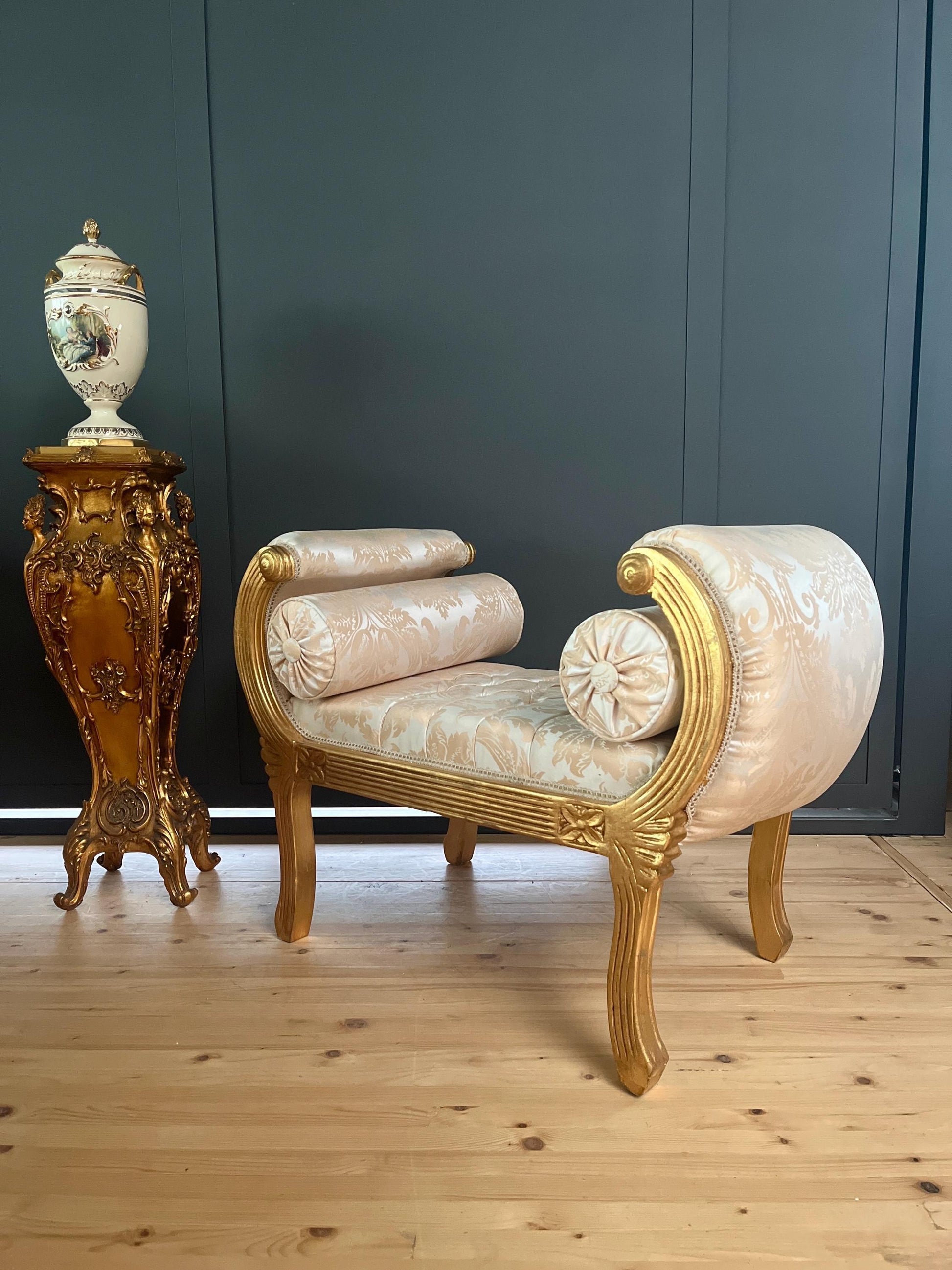 Ottoman French Louis Antique Style Beige Color Bench Retro Baroque Rococo Style in Ivory Color Gold Finish for Home Decor