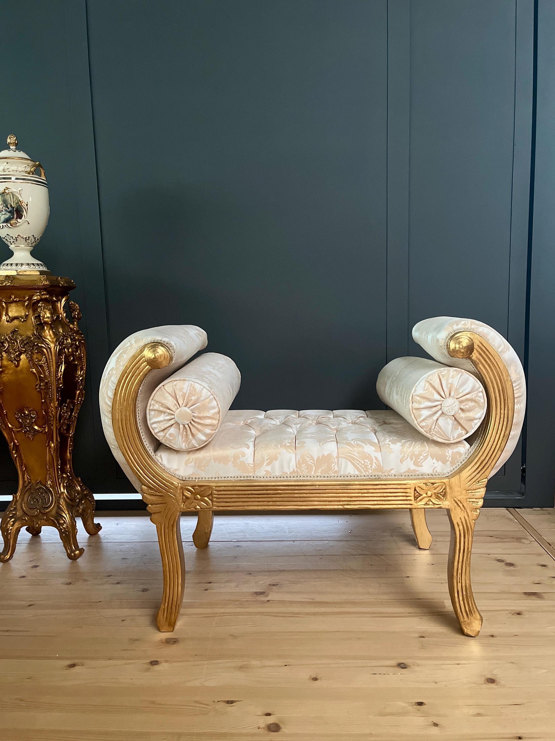Ottoman French Louis Antique Style Beige Color Bench Retro Baroque Rococo Style in Ivory Color Gold Finish for Home Decor