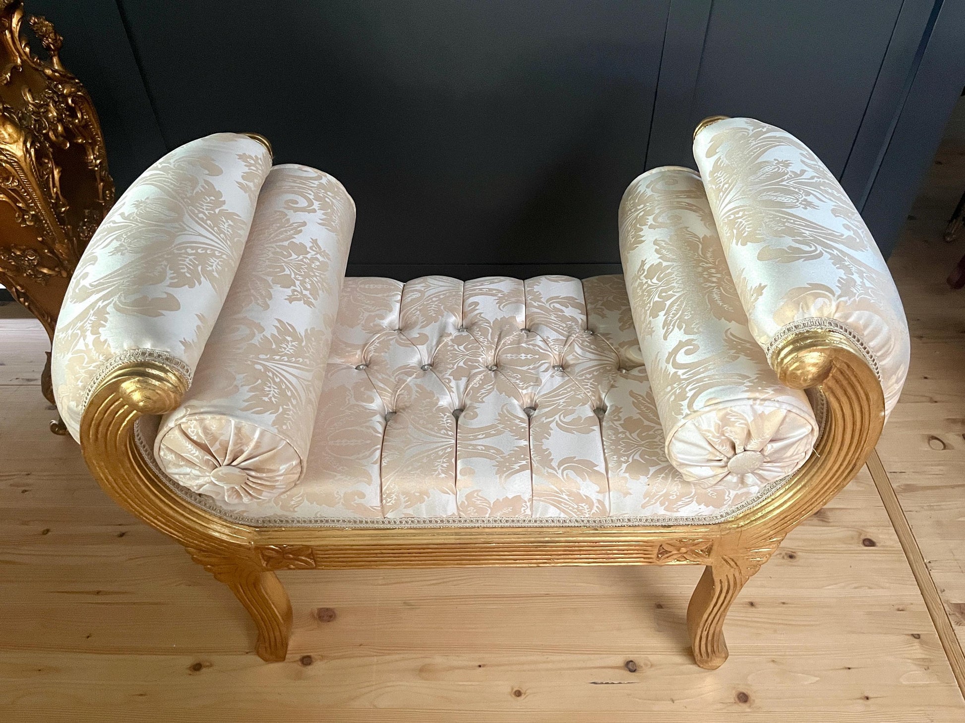 Ottoman French Louis Antique Style Beige Color Bench Retro Baroque Rococo Style in Ivory Color Gold Finish for Home Decor