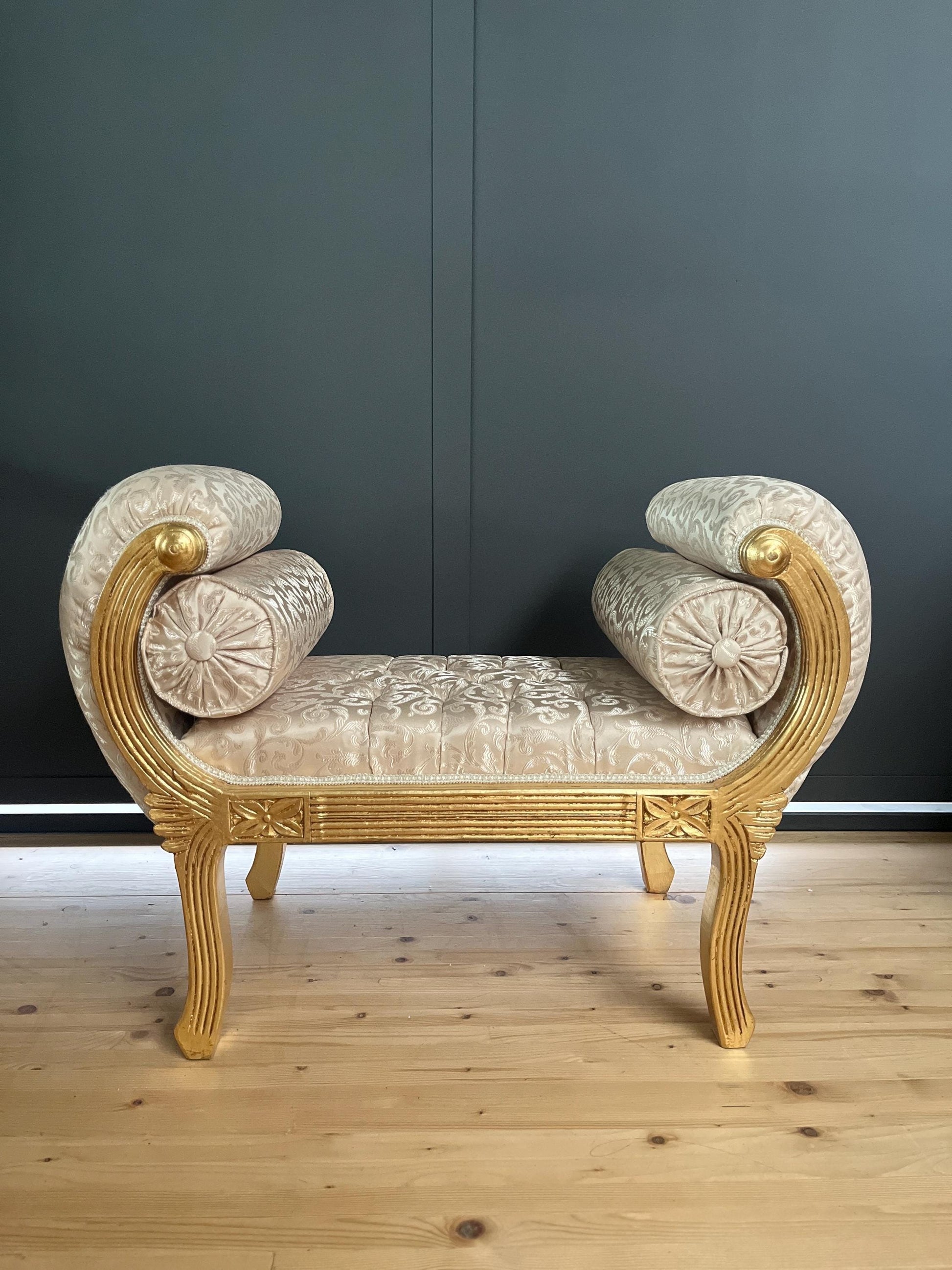 Ottoman French Louis Antique Style Beige Color Bench Retro Baroque Rococo Style in Ivory Color Gold Finish for Home Decor