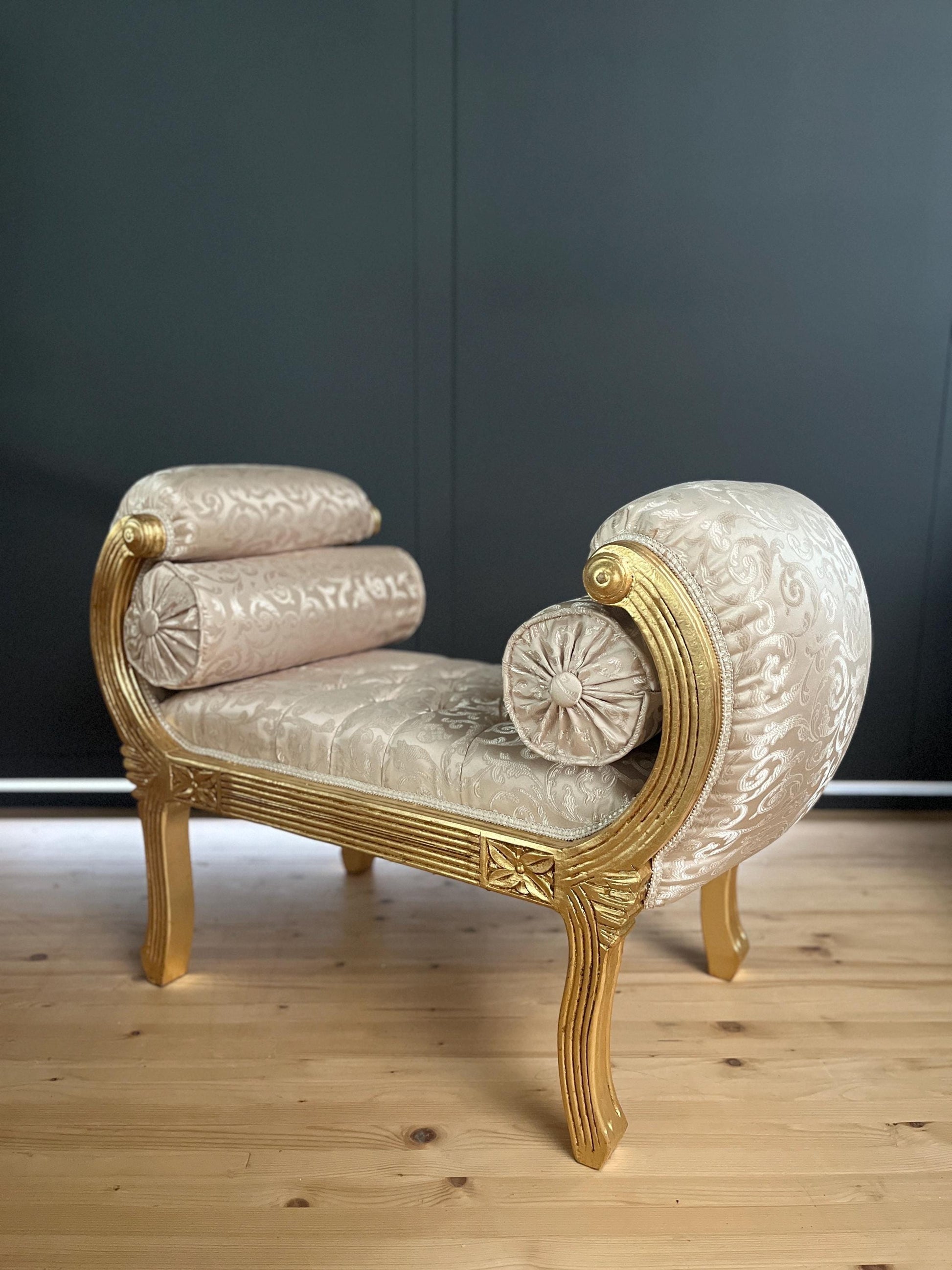 Ottoman French Louis Antique Style Beige Color Bench Retro Baroque Rococo Style in Ivory Color Gold Finish for Home Decor