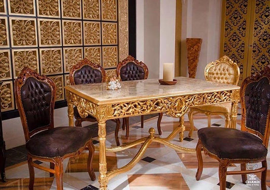 Dining Table Extra Long French Baroque Style in Gold Finish with Beige Color Marble Slab at Top
