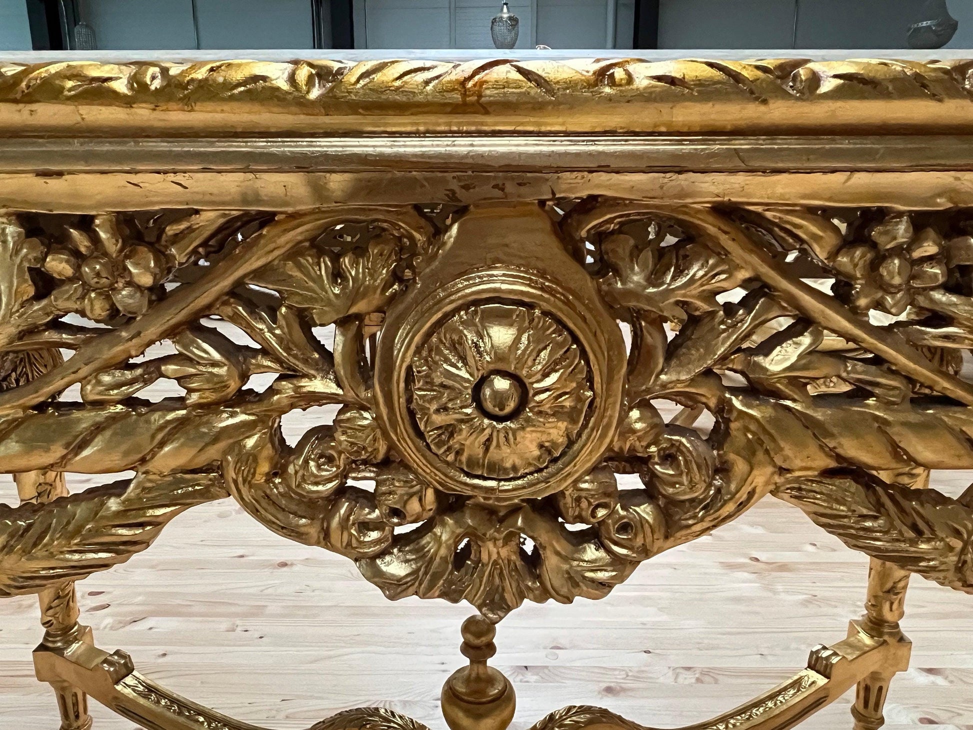 Dining Table Extra Long French Baroque Style in Gold Finish with Beige Color Marble Slab at Top