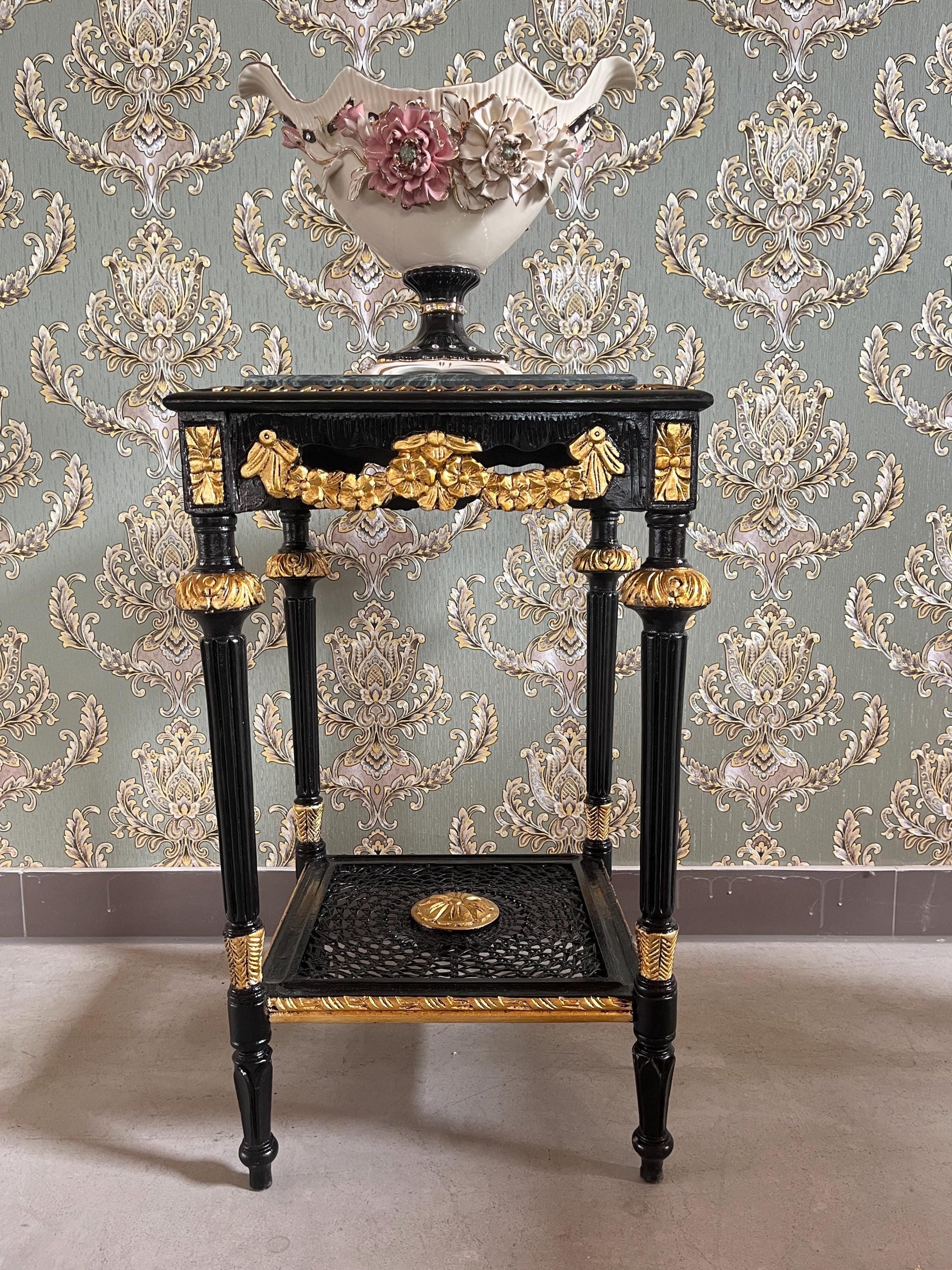 Black Side Table French Baroque Style in Glossy Black with Partial Gold Decor Coffee Table With Marble Slab Top in Dark Green or Black