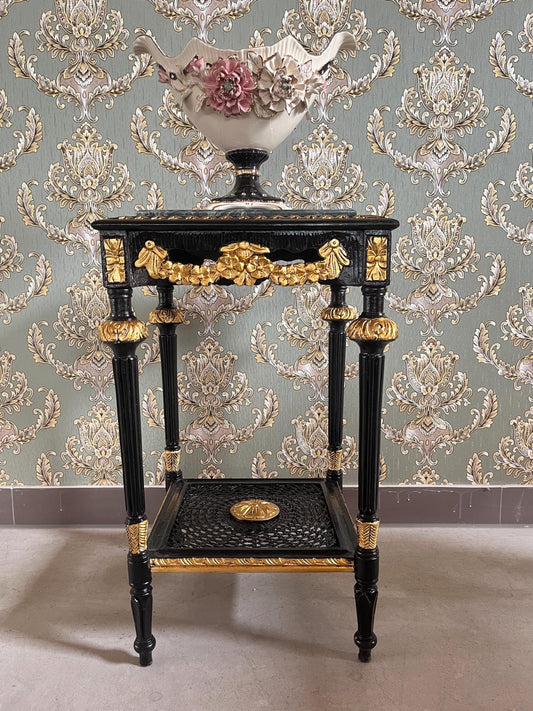 Black Side Table French Baroque Style in Glossy Black with Partial Gold Decor Coffee Table With Marble Slab Top in Dark Green or Black