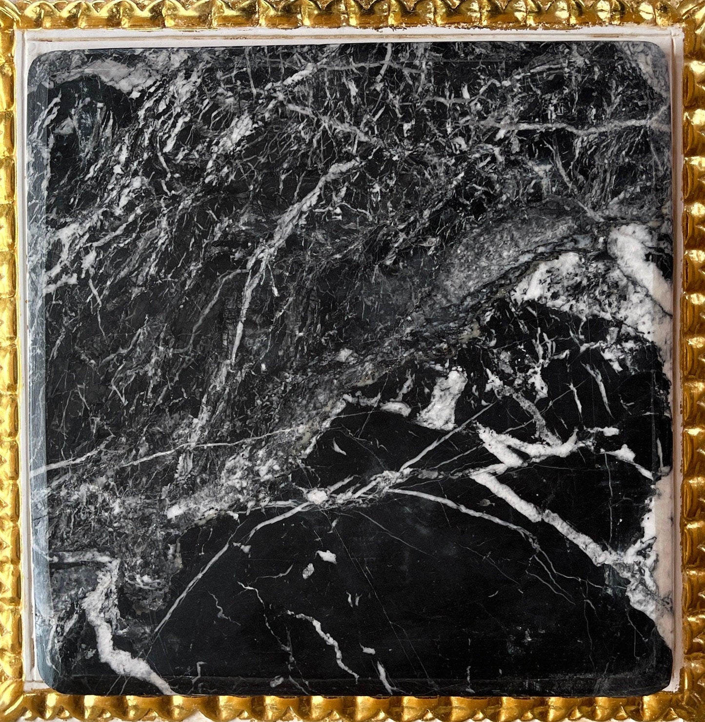 Black Side Table French Baroque Style in Glossy Black with Partial Gold Decor Coffee Table With Marble Slab Top in Dark Green or Black