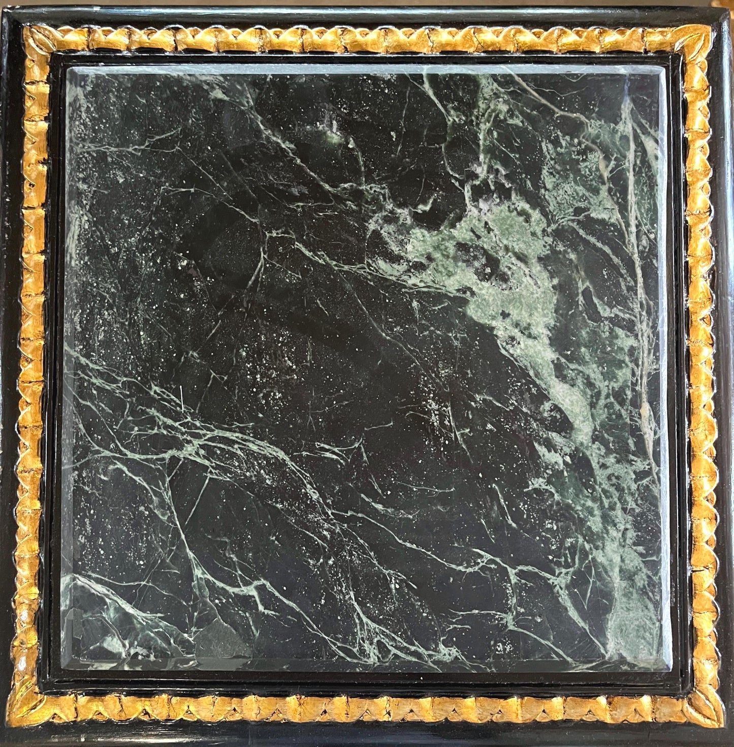 Black Side Table French Baroque Style in Glossy Black with Partial Gold Decor Coffee Table With Marble Slab Top in Dark Green or Black