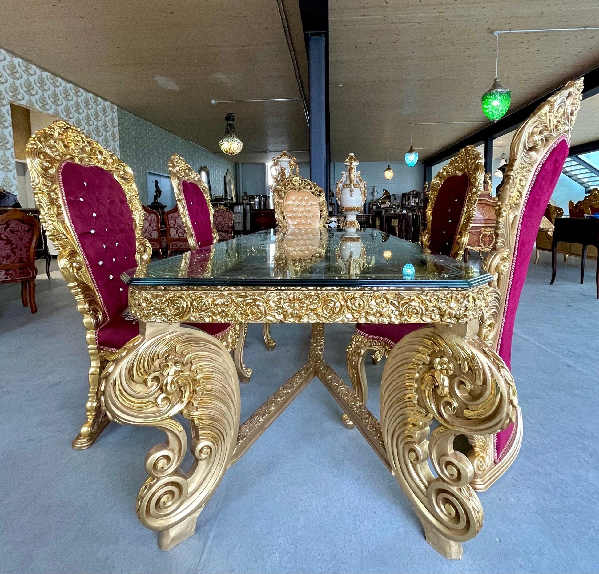 Huge Dining Table Glass Top Extra Long Table Royal Baroque Style Glass Top Table in Gold Finish for Big Family or Hotel Decotation