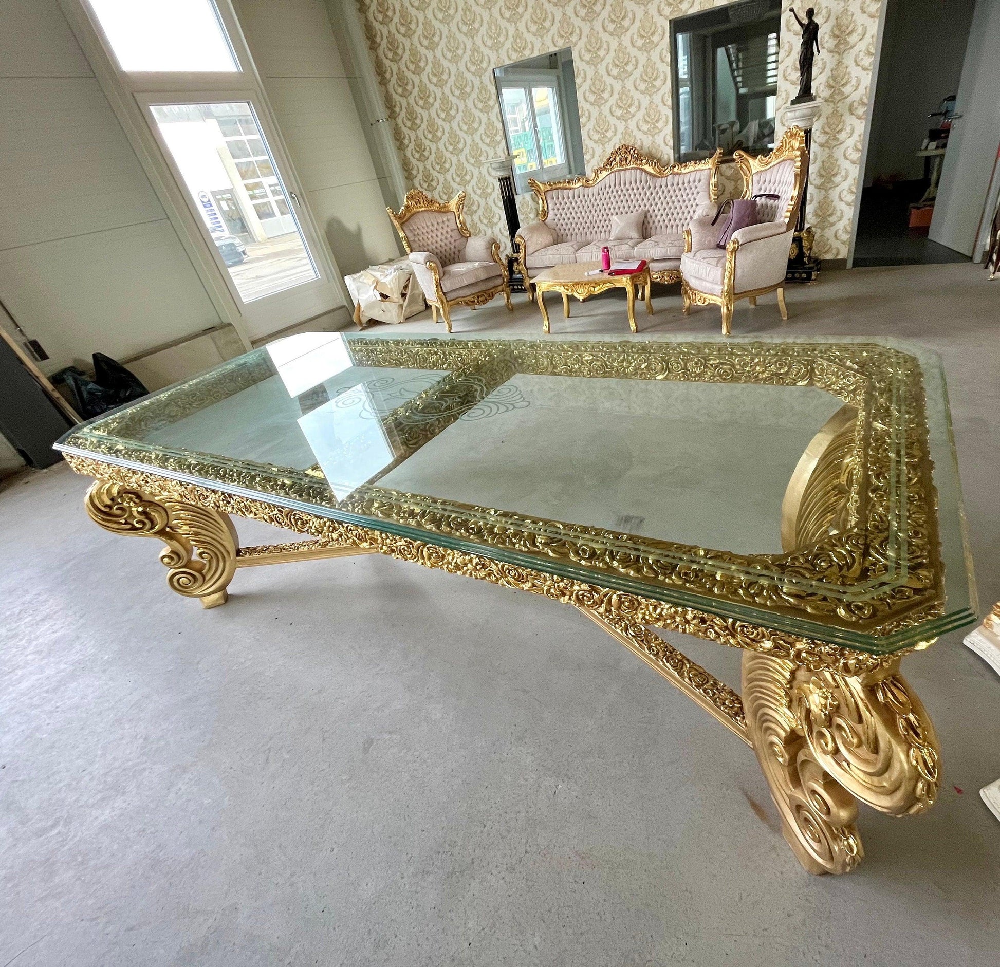 Huge Dining Table Glass Top Extra Long Table Royal Baroque Style Glass Top Table in Gold Finish for Big Family or Hotel Decotation