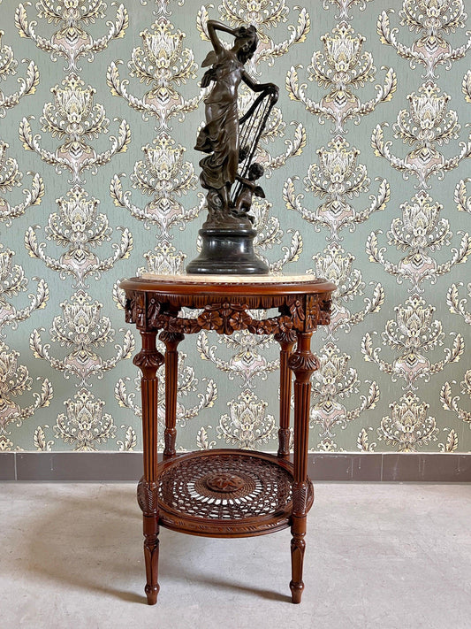 Side Table French Baroque Style with Beige Marble Top Coffee Side Table Antique Style Wooden Table for Home Decor
