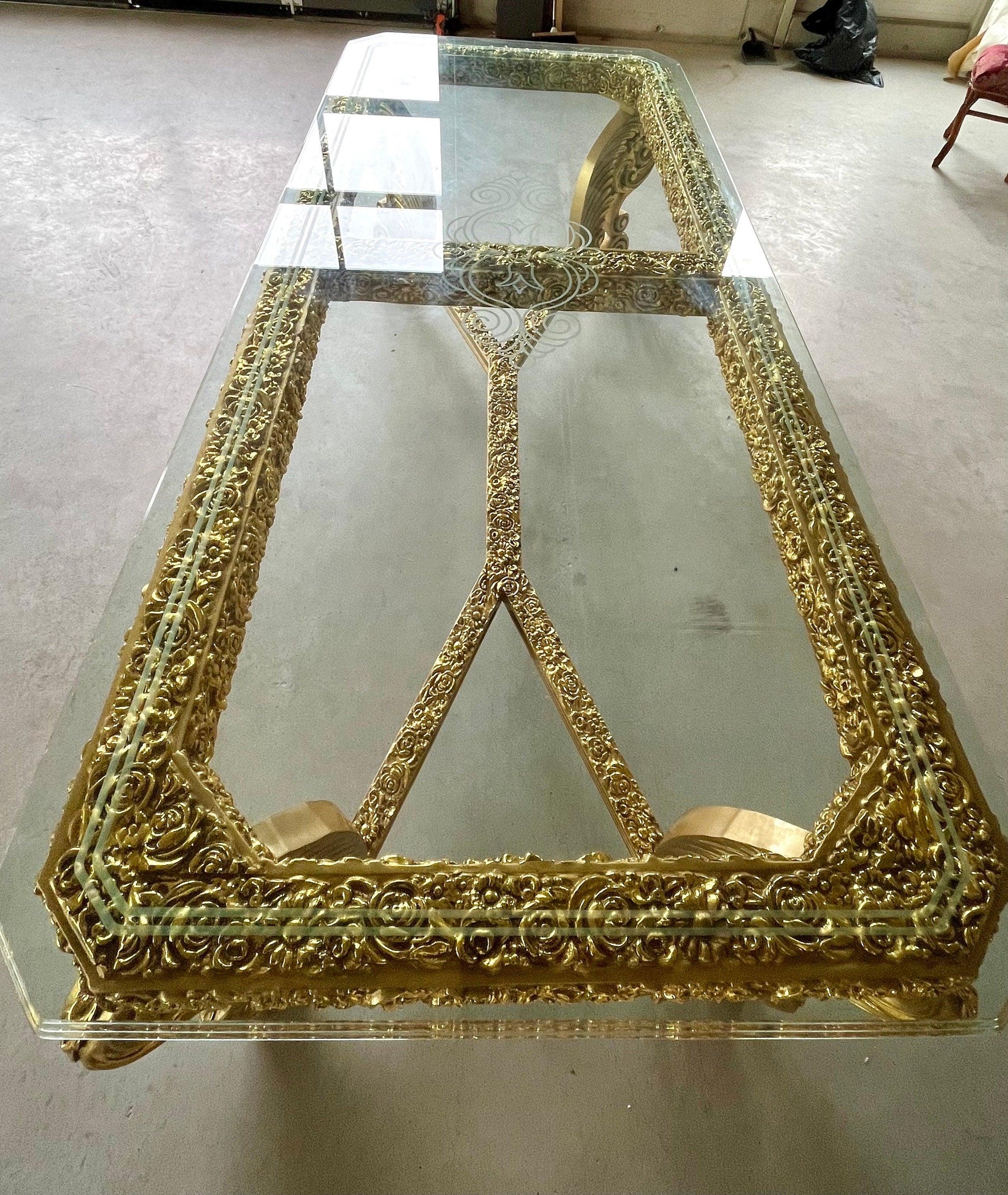 Huge Dining Table Glass Top Extra Long Table Royal Baroque Style Glass Top Table in Gold Finish for Big Family or Hotel Decotation