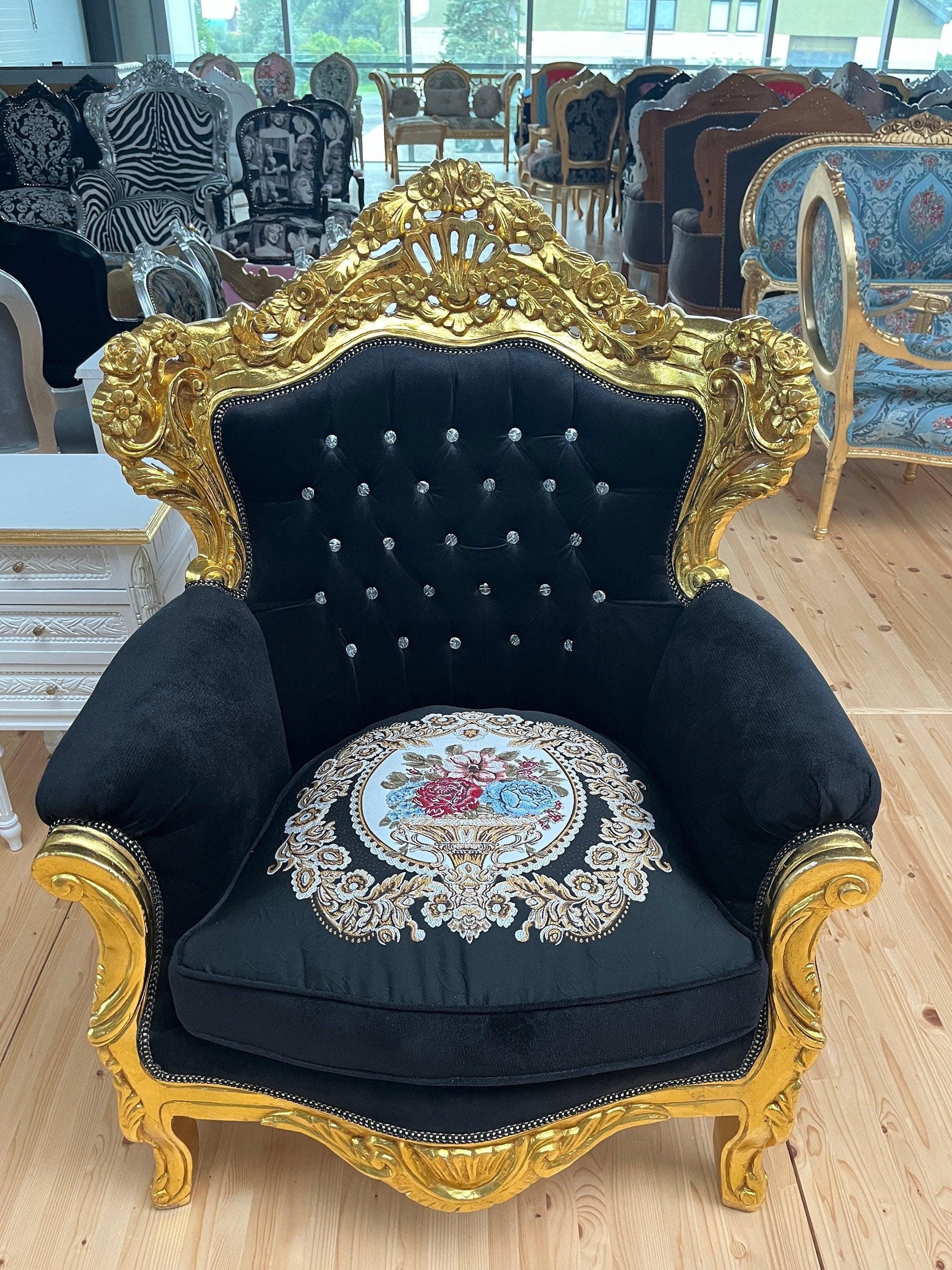 Armchair French Baroque Rococo Style in Black Embroidered Gold Finish Retro Home Decor