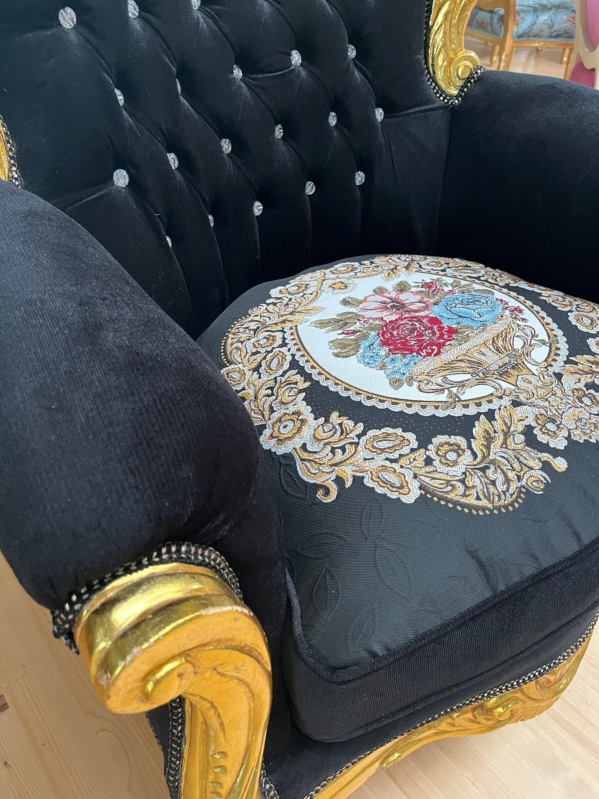 Armchair French Baroque Rococo Style in Black Embroidered Gold Finish Retro Home Decor