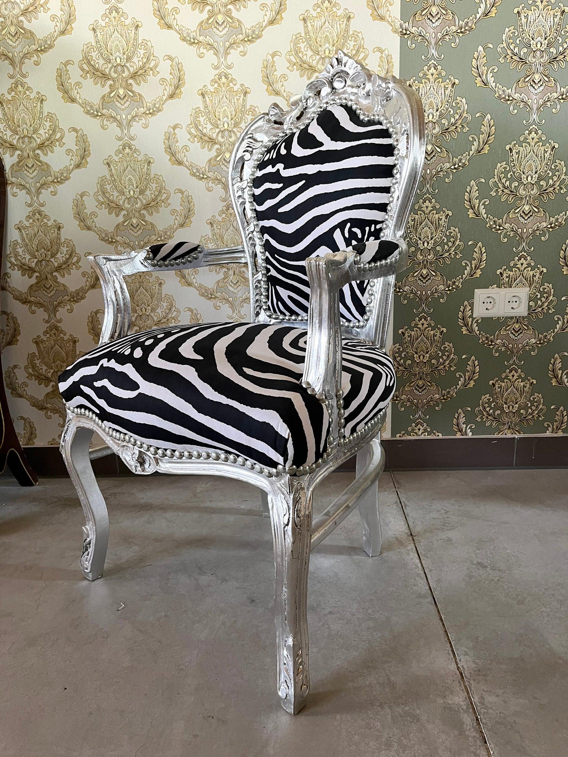 Armchair French Louis Style Zebra Print Dining Chair Antique Style Baroque Rococo Style Armchair in Silver Finish for Home