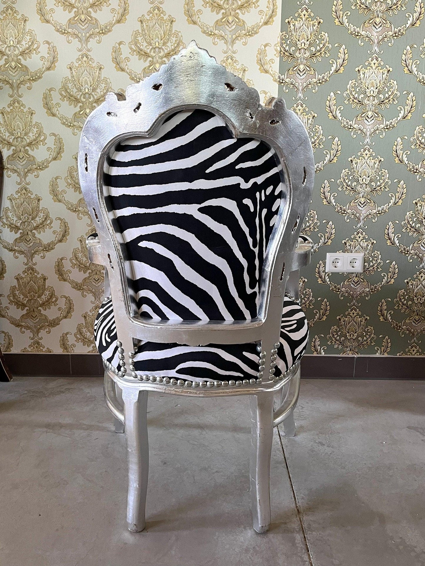 Armchair French Louis Style Zebra Print Dining Chair Antique Style Baroque Rococo Style Armchair in Silver Finish for Home