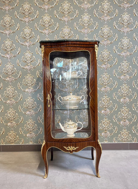Display Cabinet Nostalgic French Louis Style Glass & Wooden Brown Showcase Retro Baroque Handmade Style for Home Decor