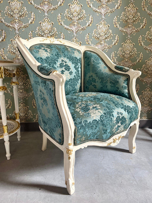 Armchair French Louis Style Shell Shape Chair Nostalgic Baroque Style in Velvet Mint White Frame Lounge Chair for Home Decor