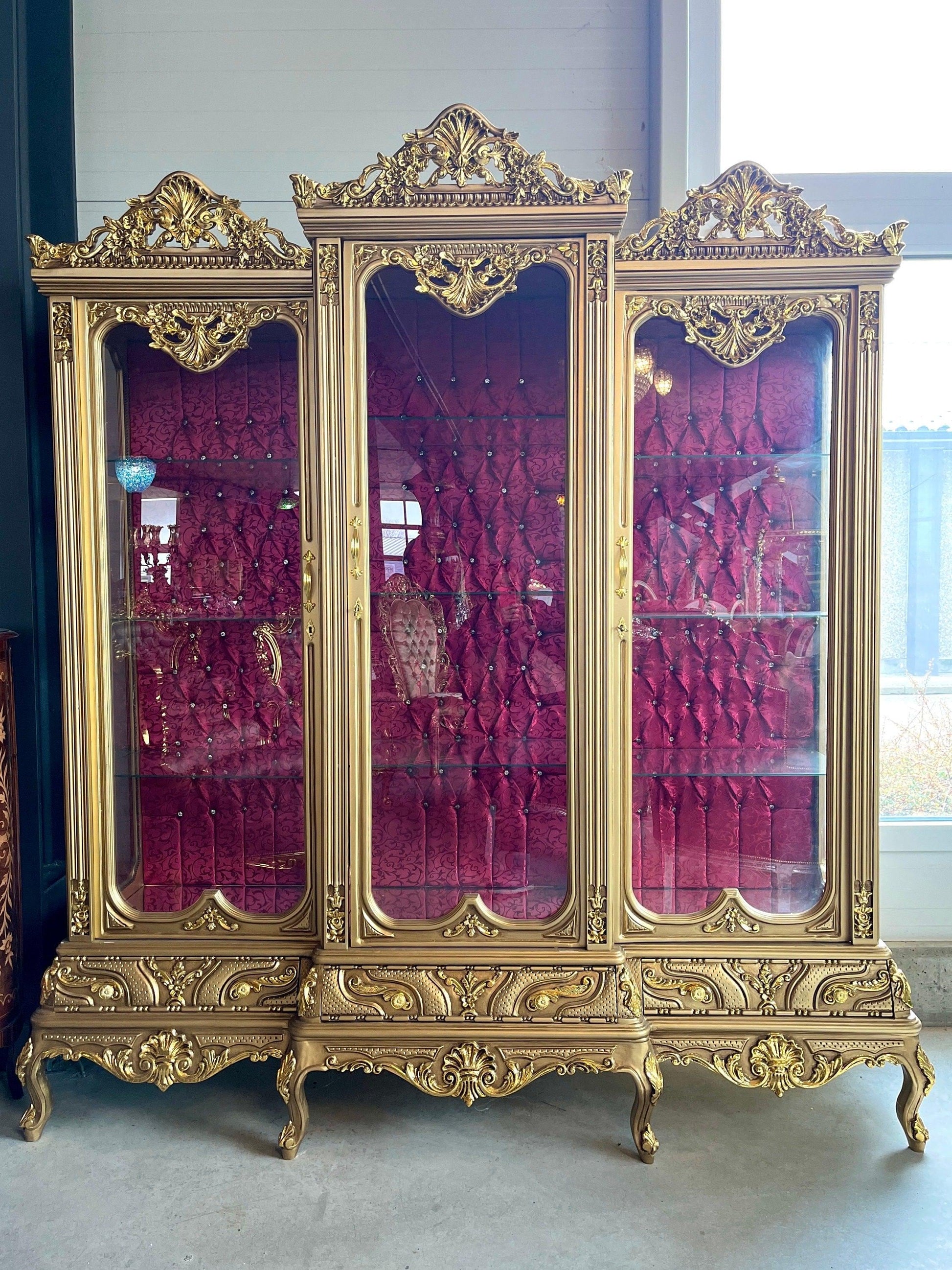 Huge Display Cabinet Deluxe Baroque Style Glass Cabinet Royal Antique Style Reproduction Showcase in Gold Finish for Home Decor-LIMITED ITEM