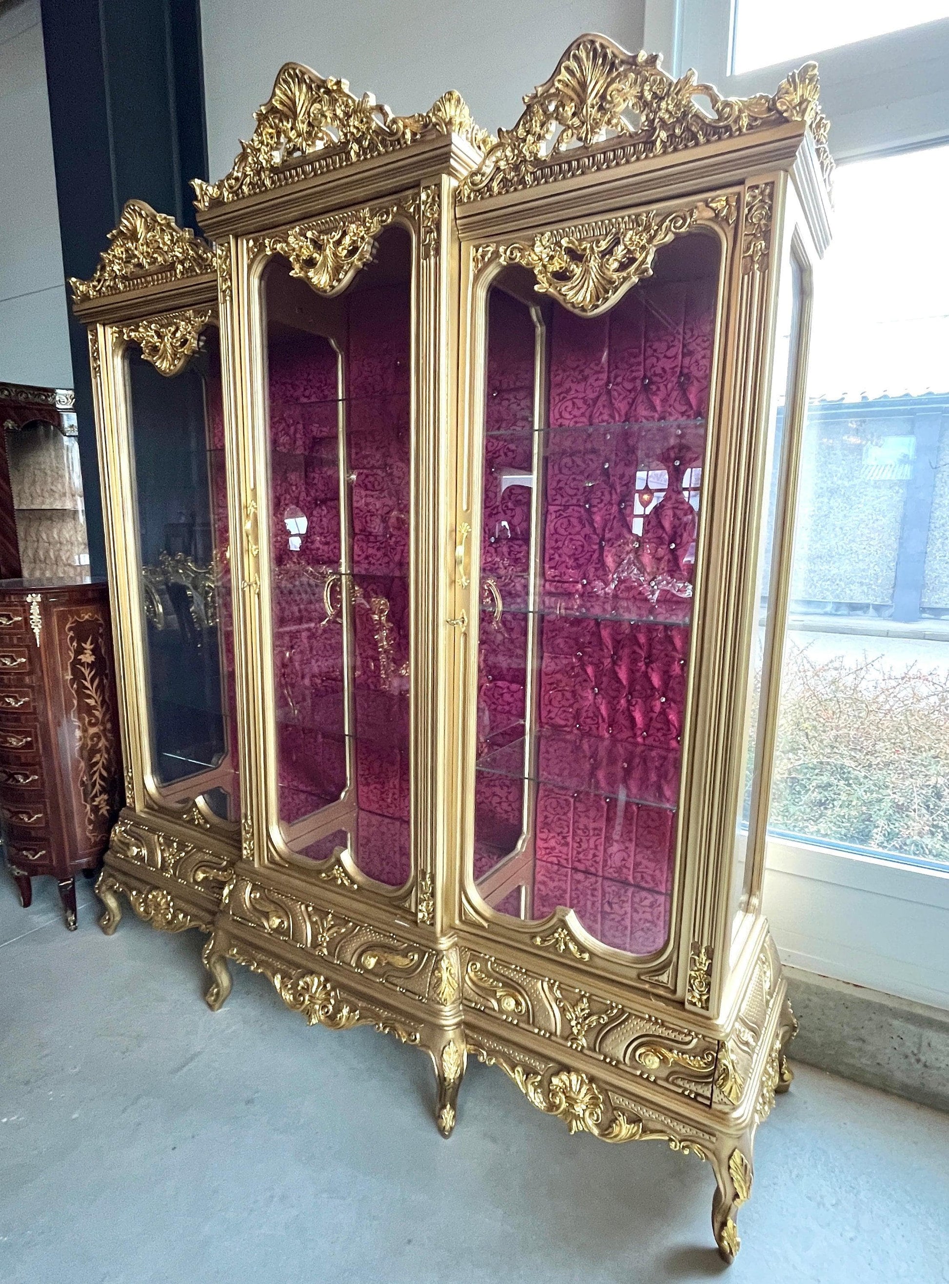 Huge Display Cabinet Deluxe Baroque Style Glass Cabinet Royal Antique Style Reproduction Showcase in Gold Finish for Home Decor-LIMITED ITEM