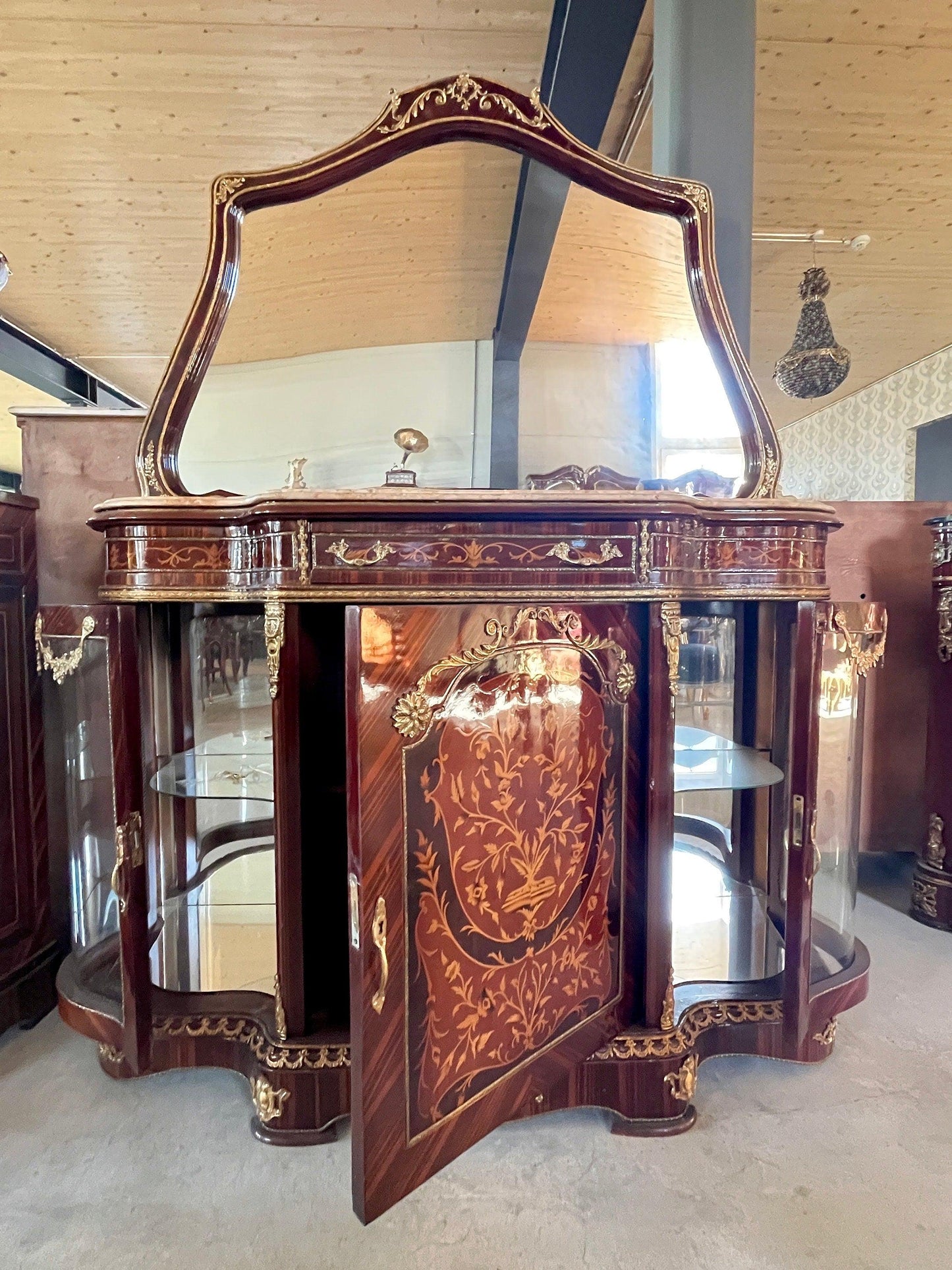 Mirror Glass Cabinet Wall Console in Nostalgic Antique Style with Marble Slab at Top Retro Baroque Style Wall Cabinet with Mirror